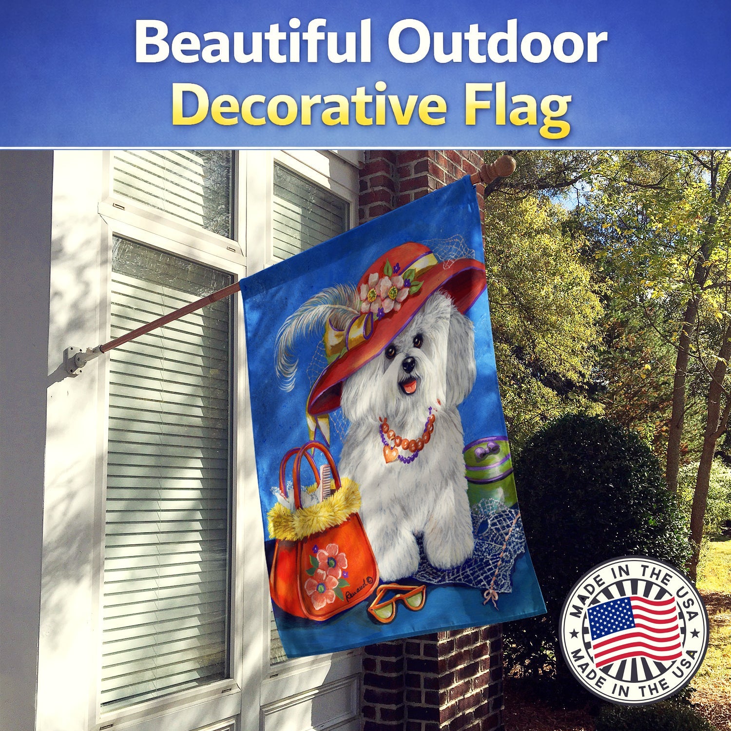 Bichon Frise Mademoiselle House Flag 28x40 Porch Sleeve Pole Decorative Outside Yard Banner Artwork Wall Hanging, Polyester