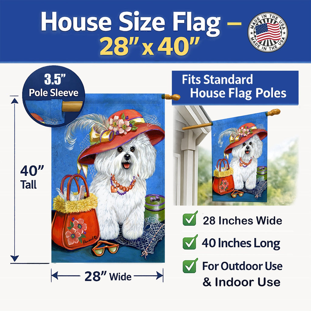 Bichon Frise Mademoiselle House Flag 28x40 Porch Sleeve Pole Decorative Outside Yard Banner Artwork Wall Hanging, Polyester