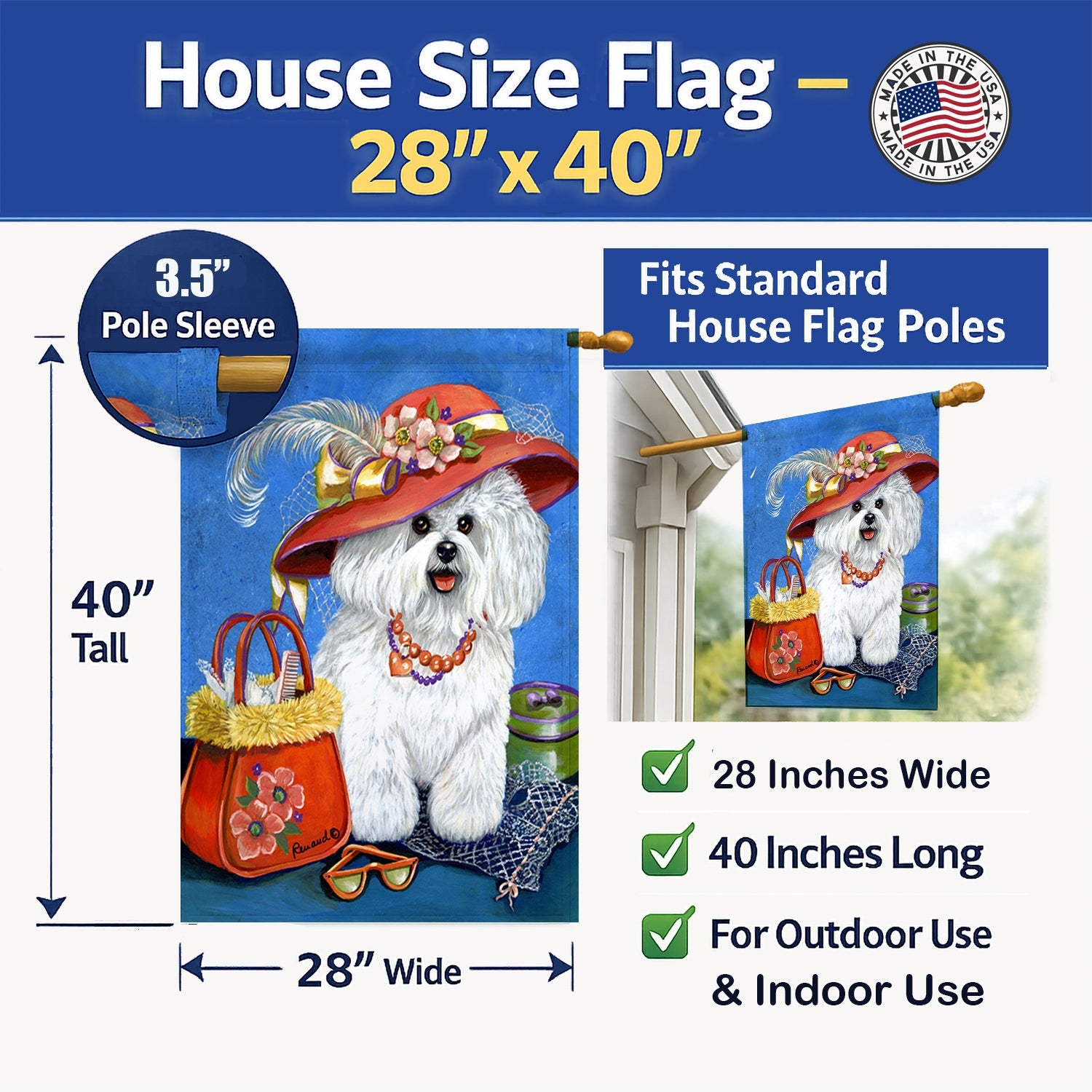 Bichon Frise Mademoiselle House Flag 28x40 Porch Sleeve Pole Decorative Outside Yard Banner Artwork Wall Hanging, Polyester
