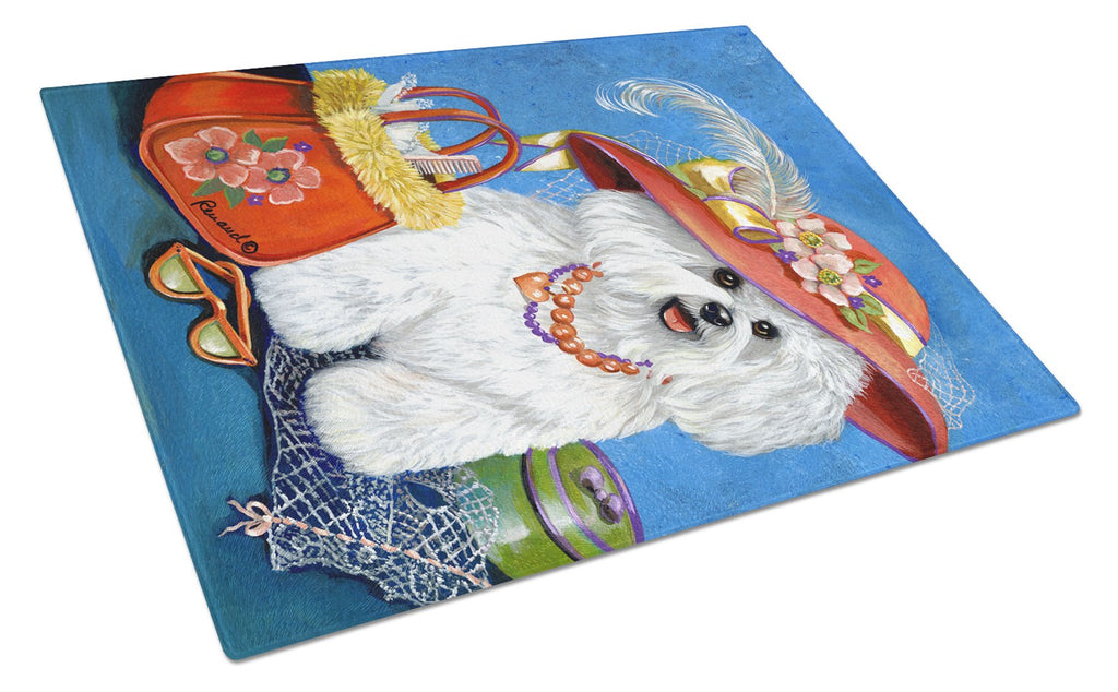 Bichon Frise Mademoiselle Cutting Board Tempered Glass Kitchen Cutting Surface, Heat Resistant Chopping, Non-Slip Feet, Food Prep & Serving