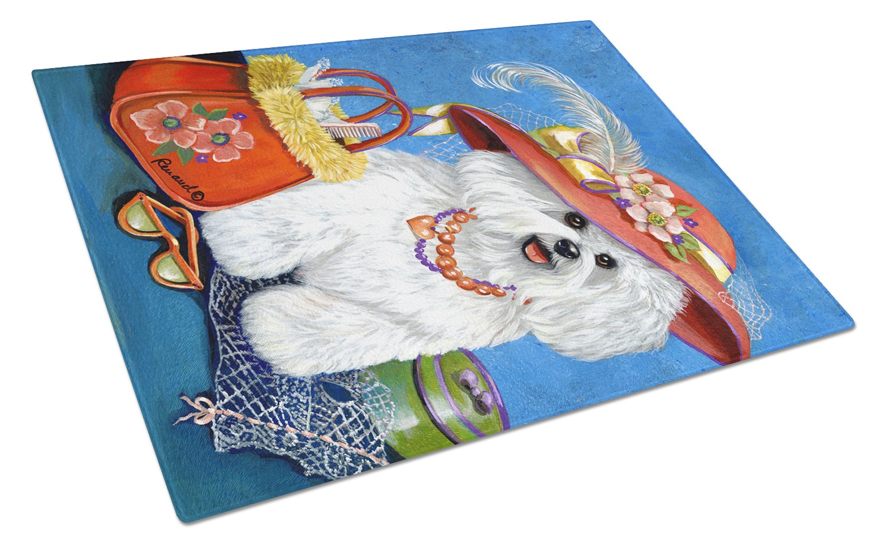 Bichon Frise Mademoiselle Cutting Board Tempered Glass Kitchen Cutting Surface, Heat Resistant Chopping, Non-Slip Feet, Food Prep & Serving