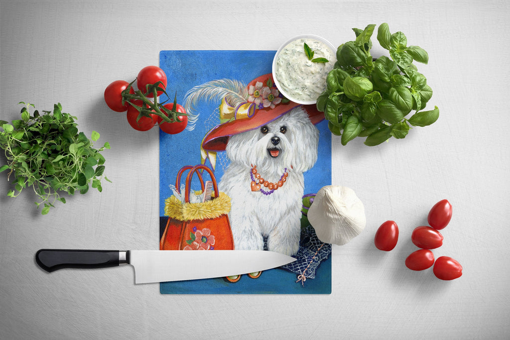 Bichon Frise Mademoiselle Cutting Board Tempered Glass Kitchen Cutting Surface, Heat Resistant Chopping, Non-Slip Feet, Food Prep & Serving