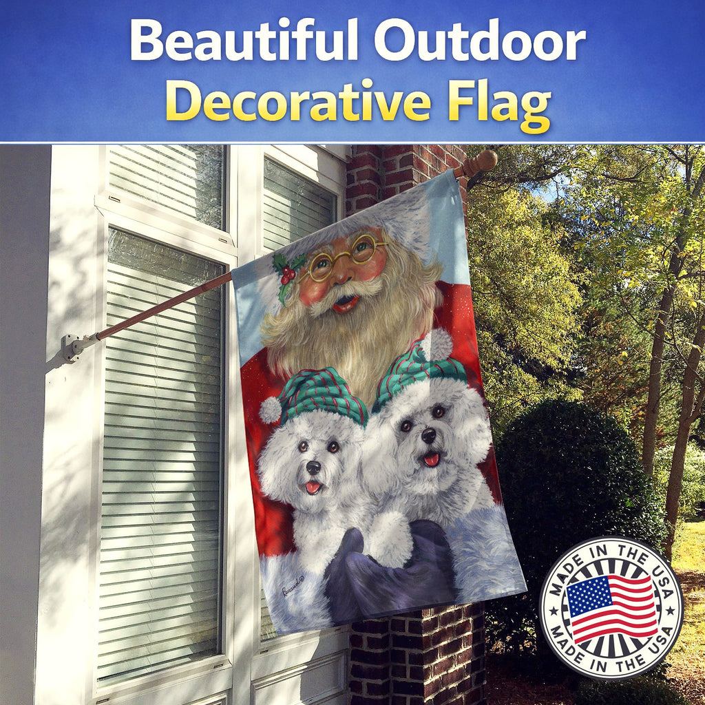 Bichon Frise Santa Christmas House Flag 28x40 Porch Sleeve Pole Decorative Outside Yard Banner Artwork Wall Hanging, Polyester