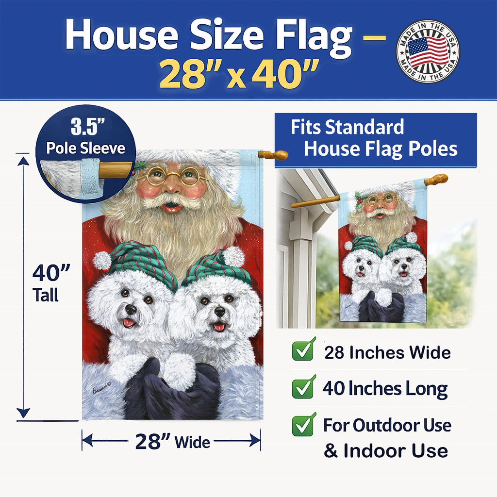 Bichon Frise Santa Christmas House Flag 28x40 Porch Sleeve Pole Decorative Outside Yard Banner Artwork Wall Hanging, Polyester