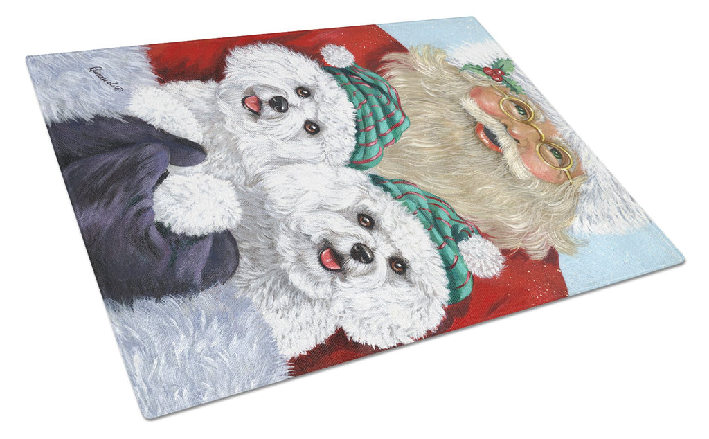 Bichon Frise Santa Christmas Cutting Board Tempered Glass Kitchen Cutting Surface, Heat Resistant Chopping, Non-Slip Feet, Food Prep & Serving