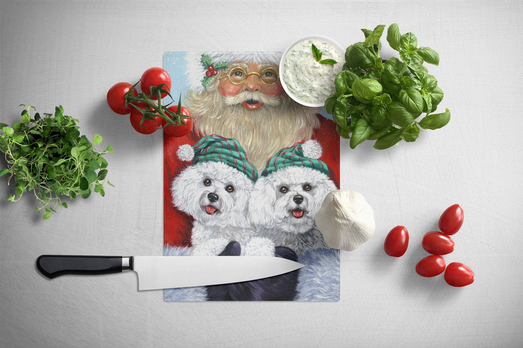 Bichon Frise Santa Christmas Cutting Board Tempered Glass Kitchen Cutting Surface, Heat Resistant Chopping, Non-Slip Feet, Food Prep & Serving