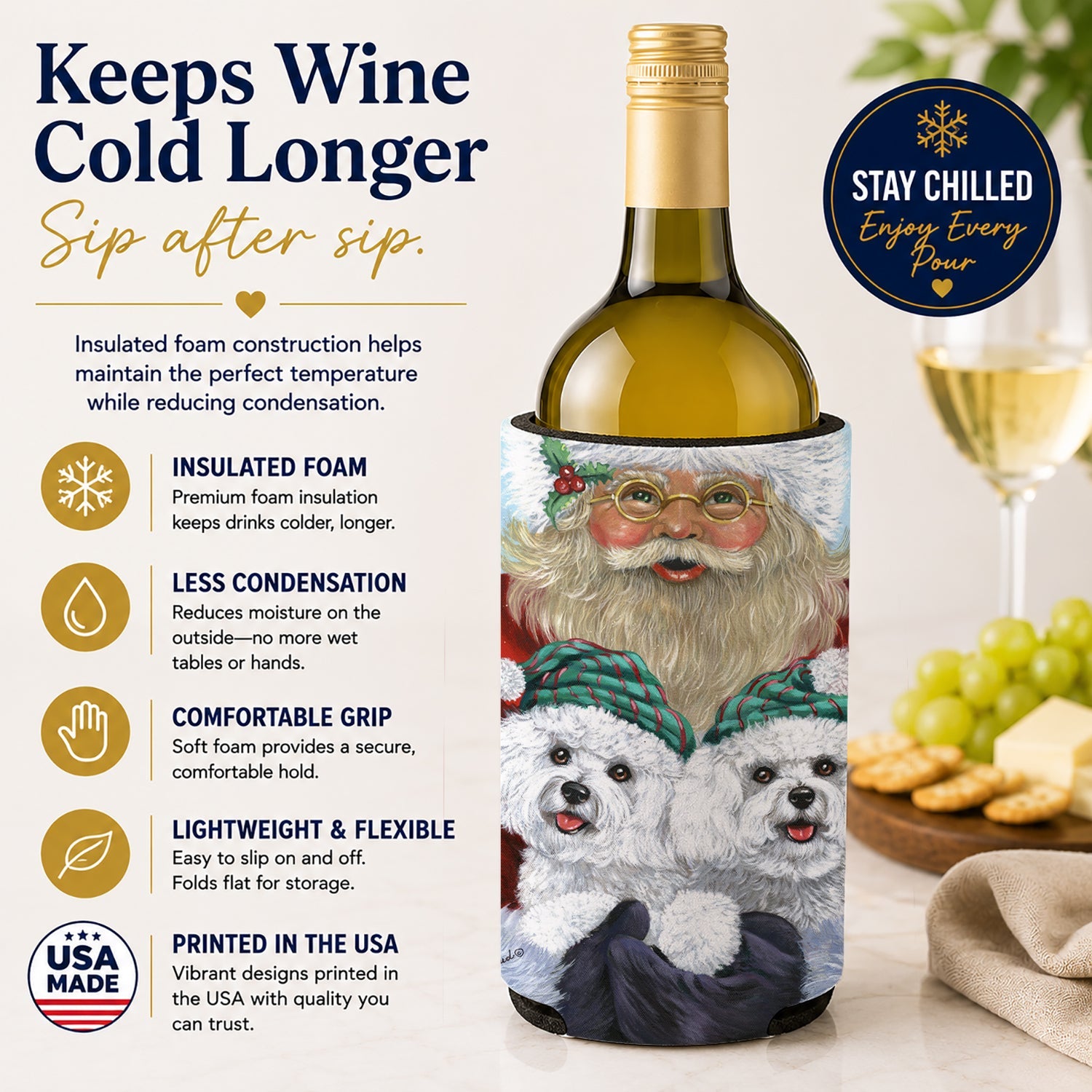 Bichon Frise Santa Christmas Wine Bottle Hugger Gift Sleeve for Standard 750 ml Bottles, Insulated Reusable Also Fits Mini Shot & Pint Bottles