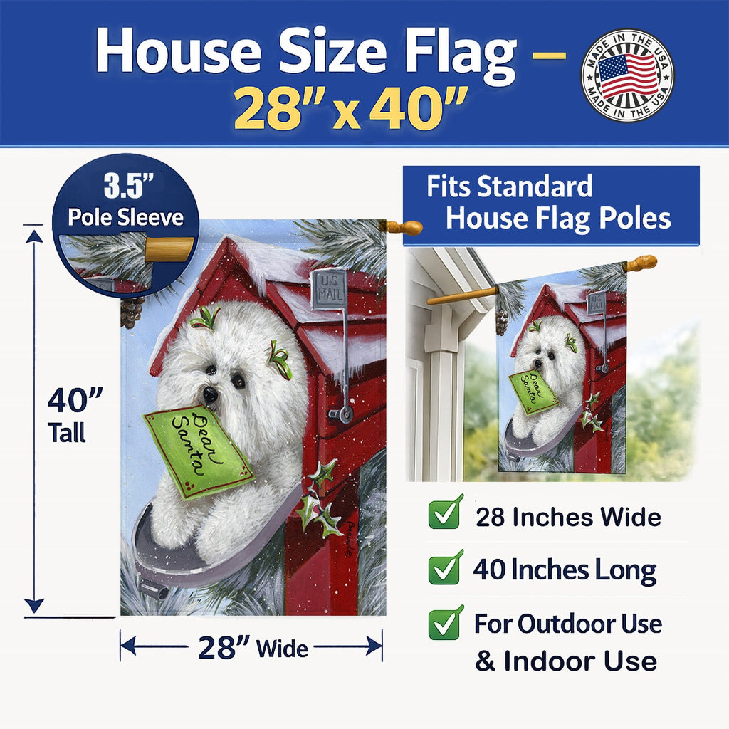Bichon Frise Santa's List Christmas House Flag 28x40 Porch Sleeve Pole Decorative Outside Yard Banner Artwork Wall Hanging, Polyester