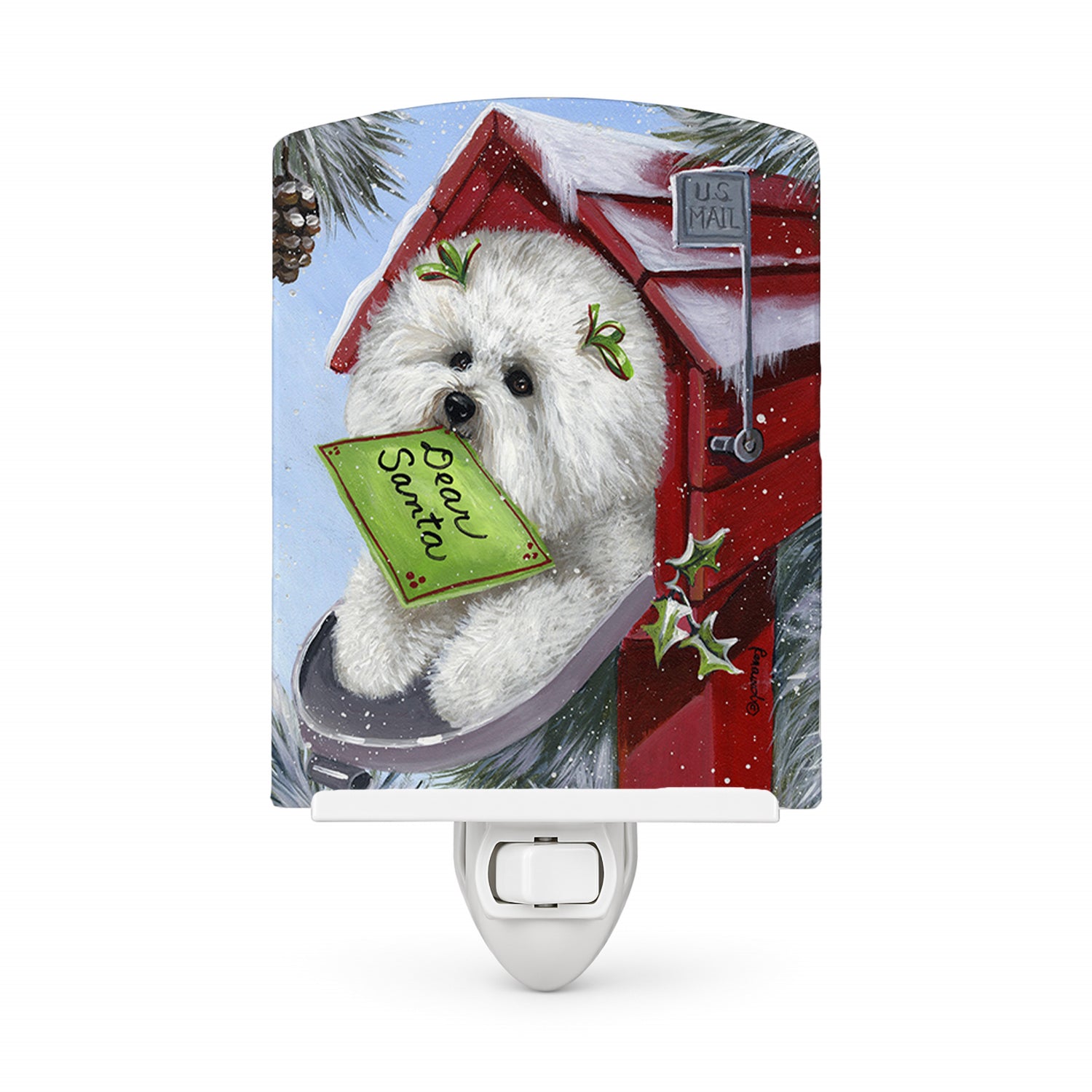 Bichon Frise Santa's List Christmas Ceramic Night Light Compact, UL-Certified, Ideal for Bedroom, Bathroom, Nursery, Hallway, Kitchen, 6x4x3, Multicolor