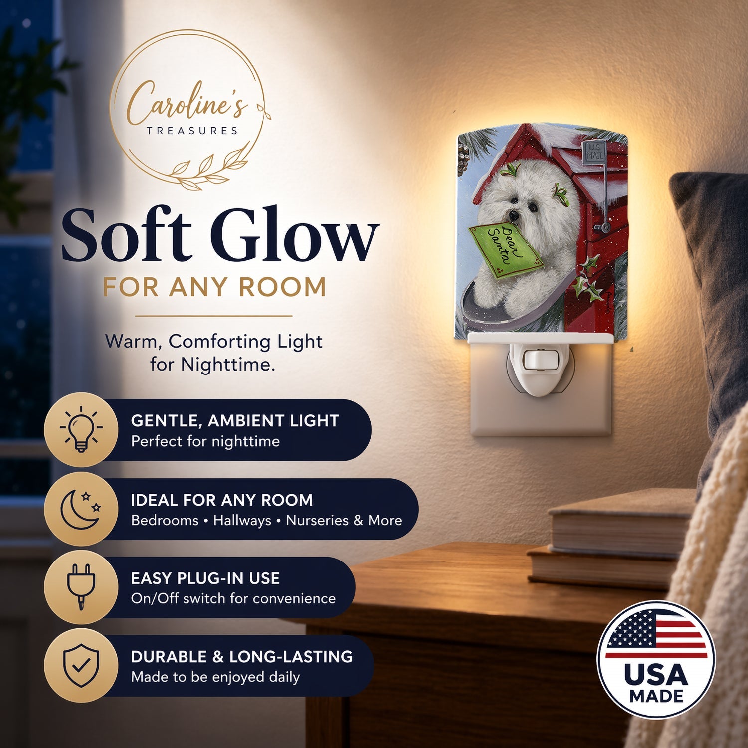 Bichon Frise Santa's List Christmas Ceramic Night Light Compact, UL-Certified, Ideal for Bedroom, Bathroom, Nursery, Hallway, Kitchen, 6x4x3, Multicolor