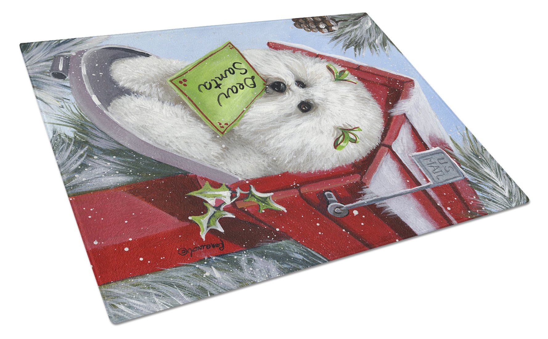 Bichon Frise Santa's List Christmas Cutting Board Tempered Glass Kitchen Cutting Surface, Heat Resistant Chopping, Non-Slip Feet, Food Prep & Serving