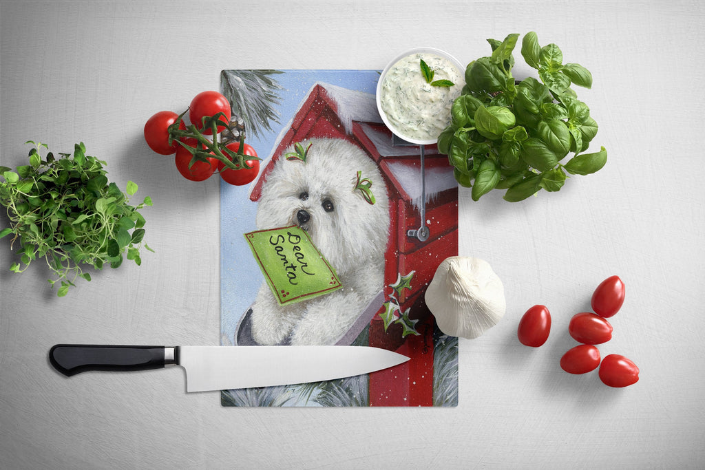 Bichon Frise Santa's List Christmas Cutting Board Tempered Glass Kitchen Cutting Surface, Heat Resistant Chopping, Non-Slip Feet, Food Prep & Serving