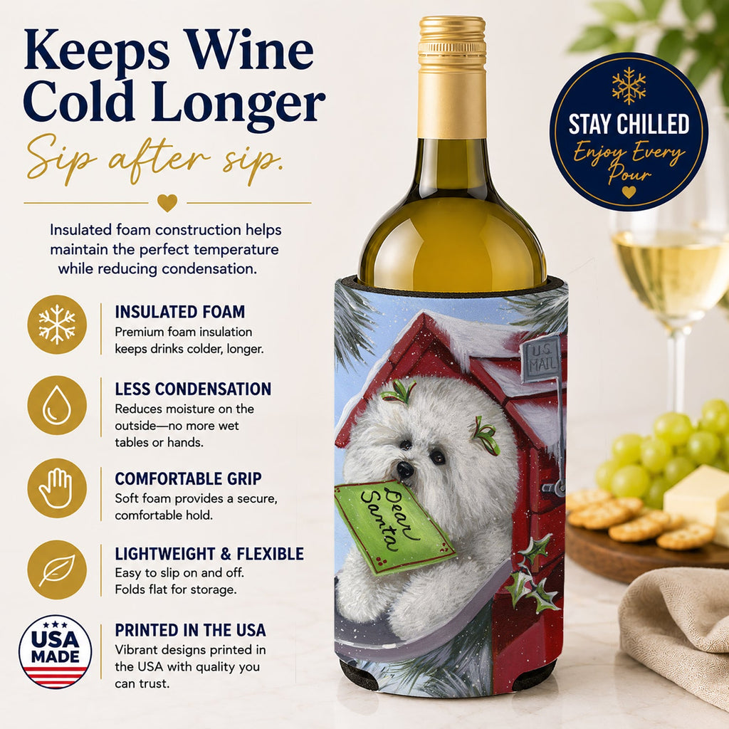 Bichon Frise Santa's List Christmas Wine Bottle Hugger Gift Sleeve for Standard 750 ml Bottles, Insulated Reusable Also Fits Mini Shot & Pint Bottles