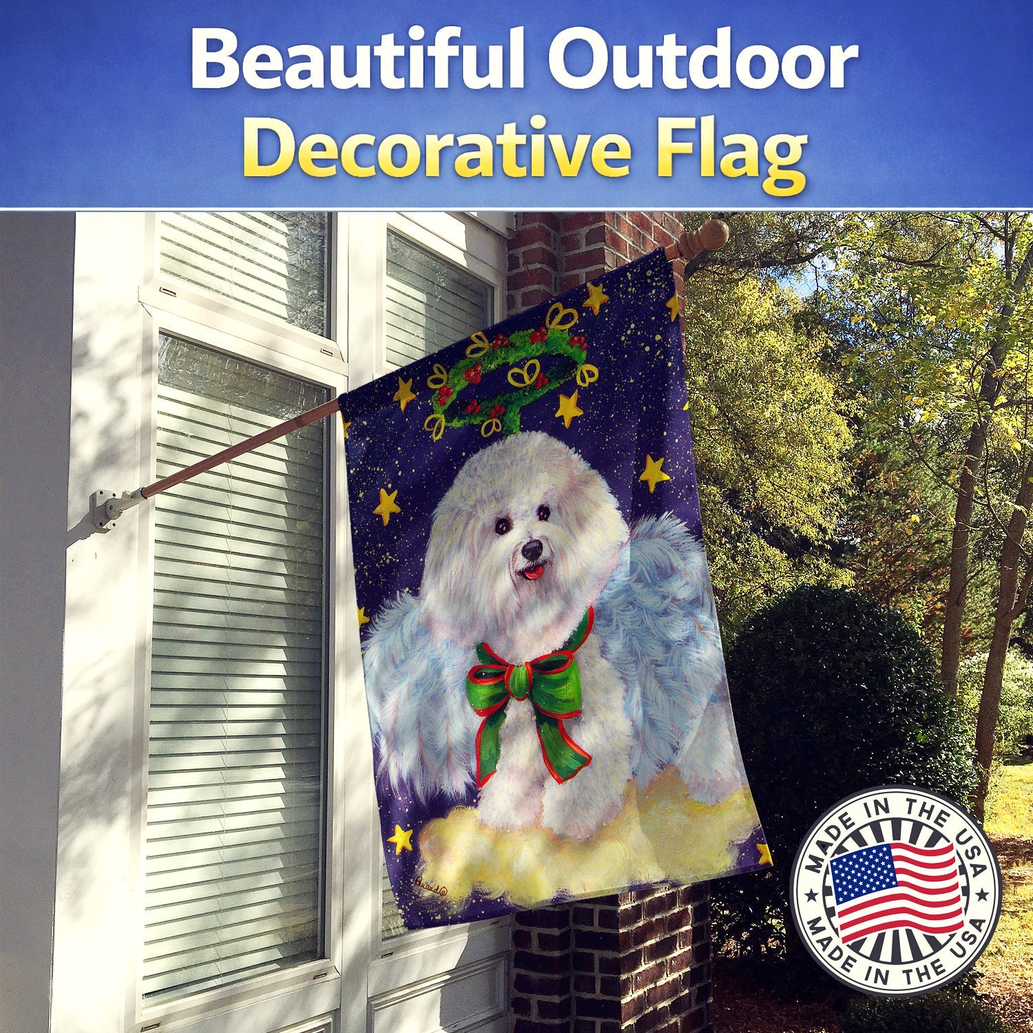 Bichon Frise Christmas Angel House Flag 28x40 Porch Sleeve Pole Decorative Outside Yard Banner Artwork Wall Hanging, Polyester