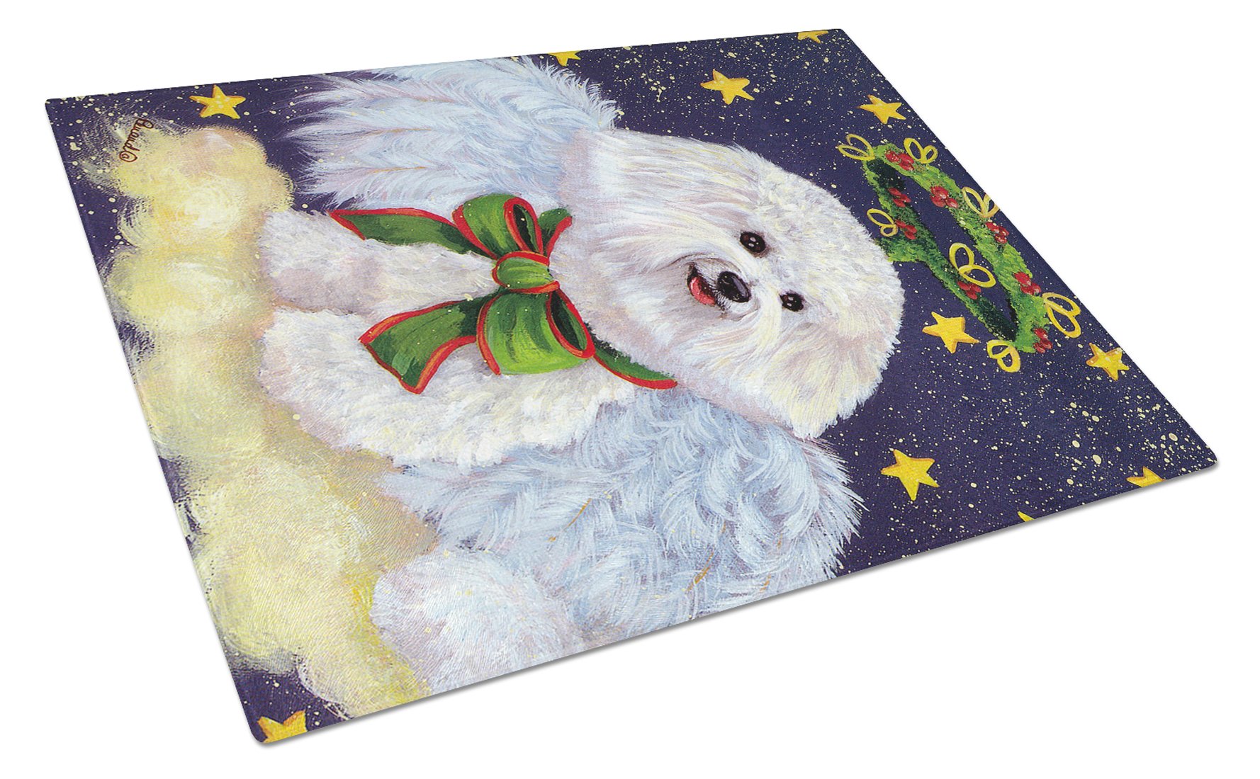 Bichon Frise Christmas Angel Cutting Board Tempered Glass Kitchen Cutting Surface, Heat Resistant Chopping, Non-Slip Feet, Food Prep & Serving