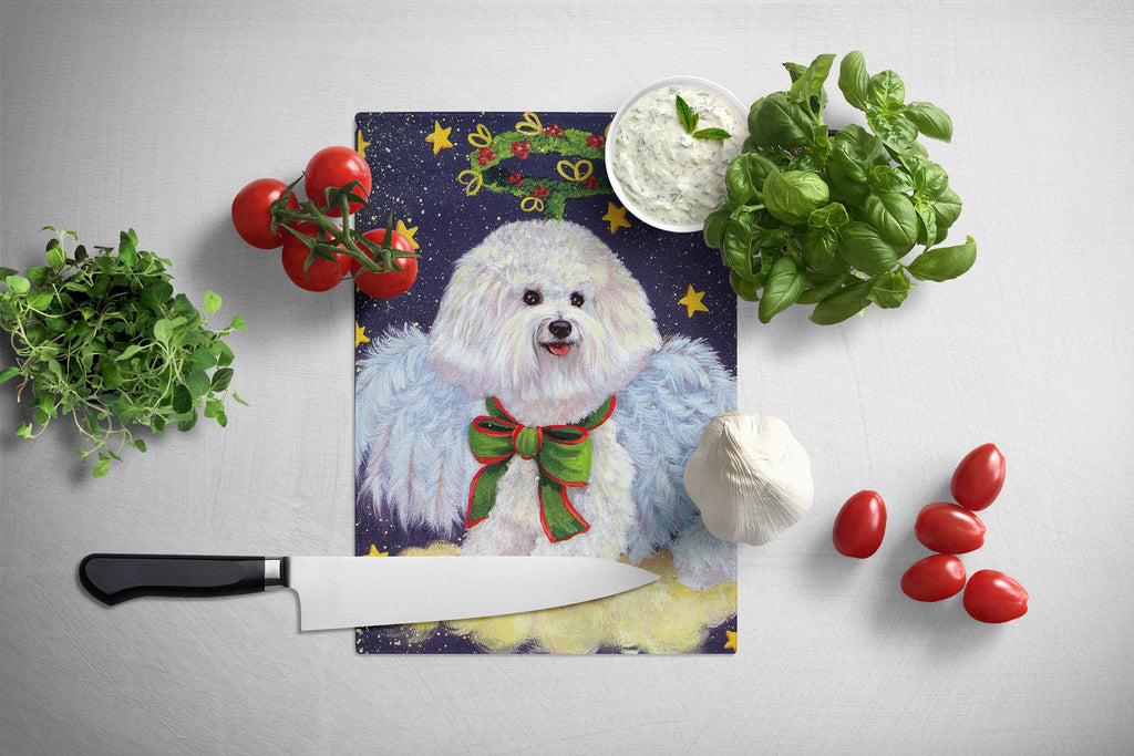 Bichon Frise Christmas Angel Cutting Board Tempered Glass Kitchen Cutting Surface, Heat Resistant Chopping, Non-Slip Feet, Food Prep & Serving