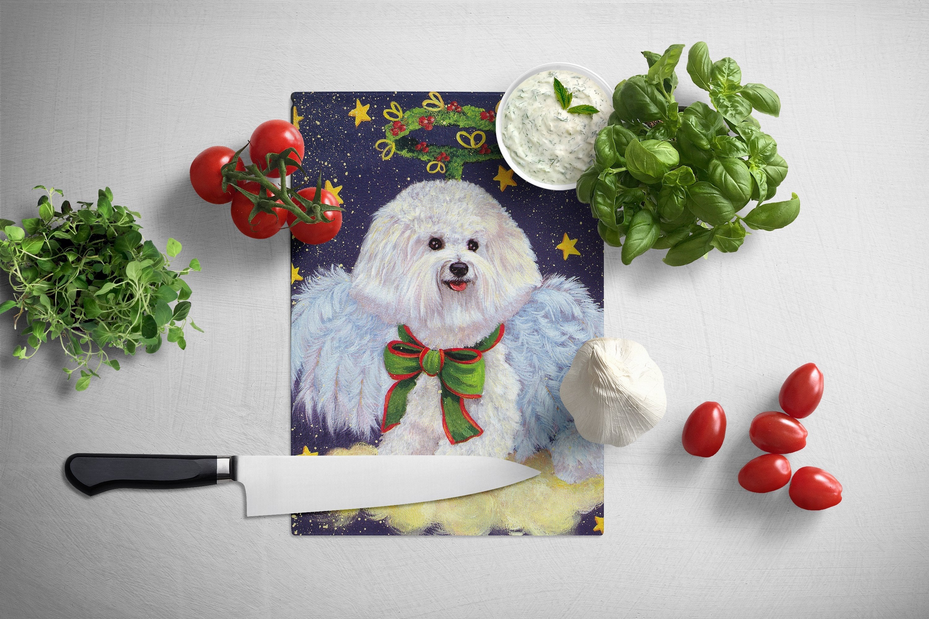 Bichon Frise Christmas Angel Cutting Board Tempered Glass Kitchen Cutting Surface, Heat Resistant Chopping, Non-Slip Feet, Food Prep & Serving