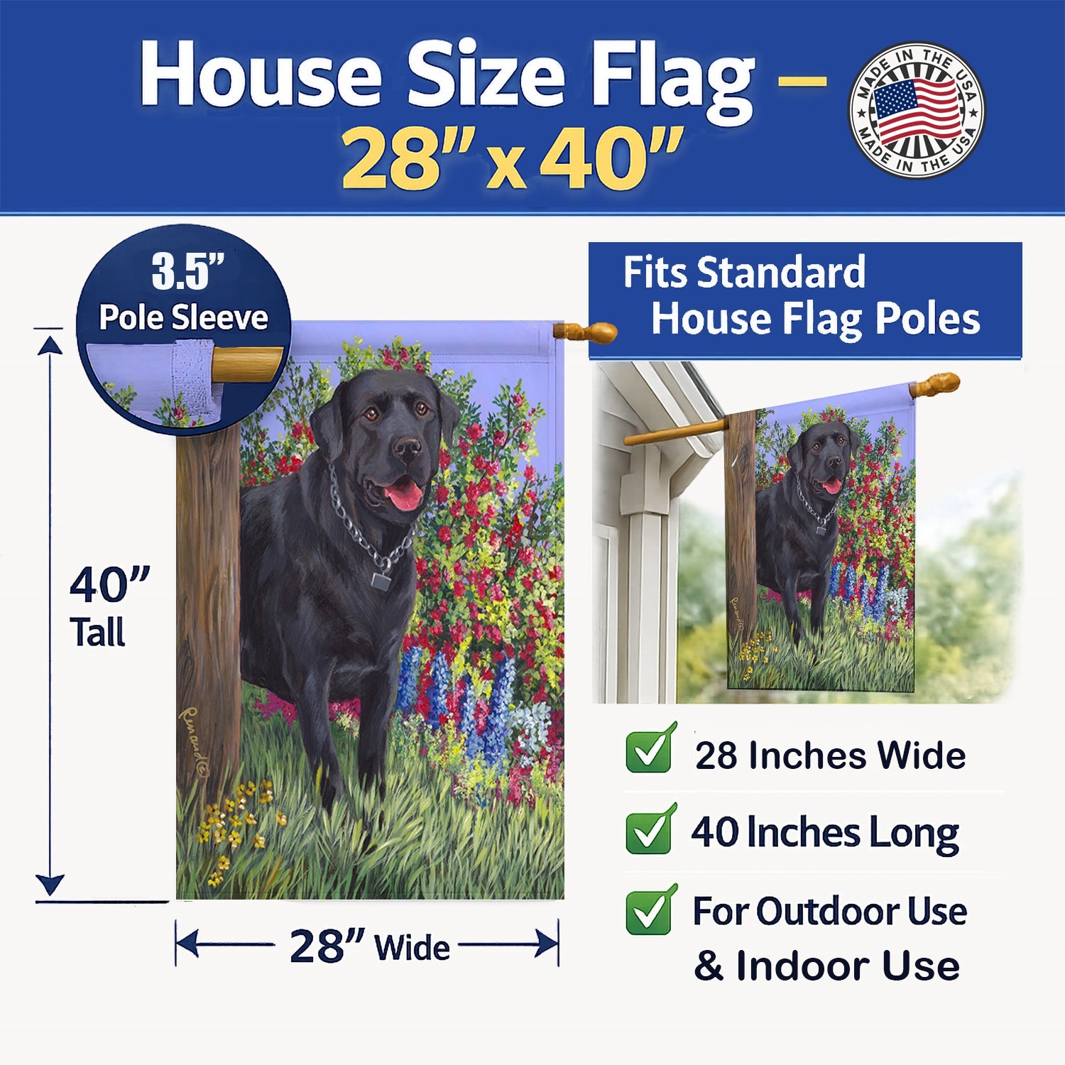 Black Labrador Retriever House Flag 28x40 Porch Sleeve Pole Decorative Outside Yard Banner Artwork Wall Hanging, Polyester