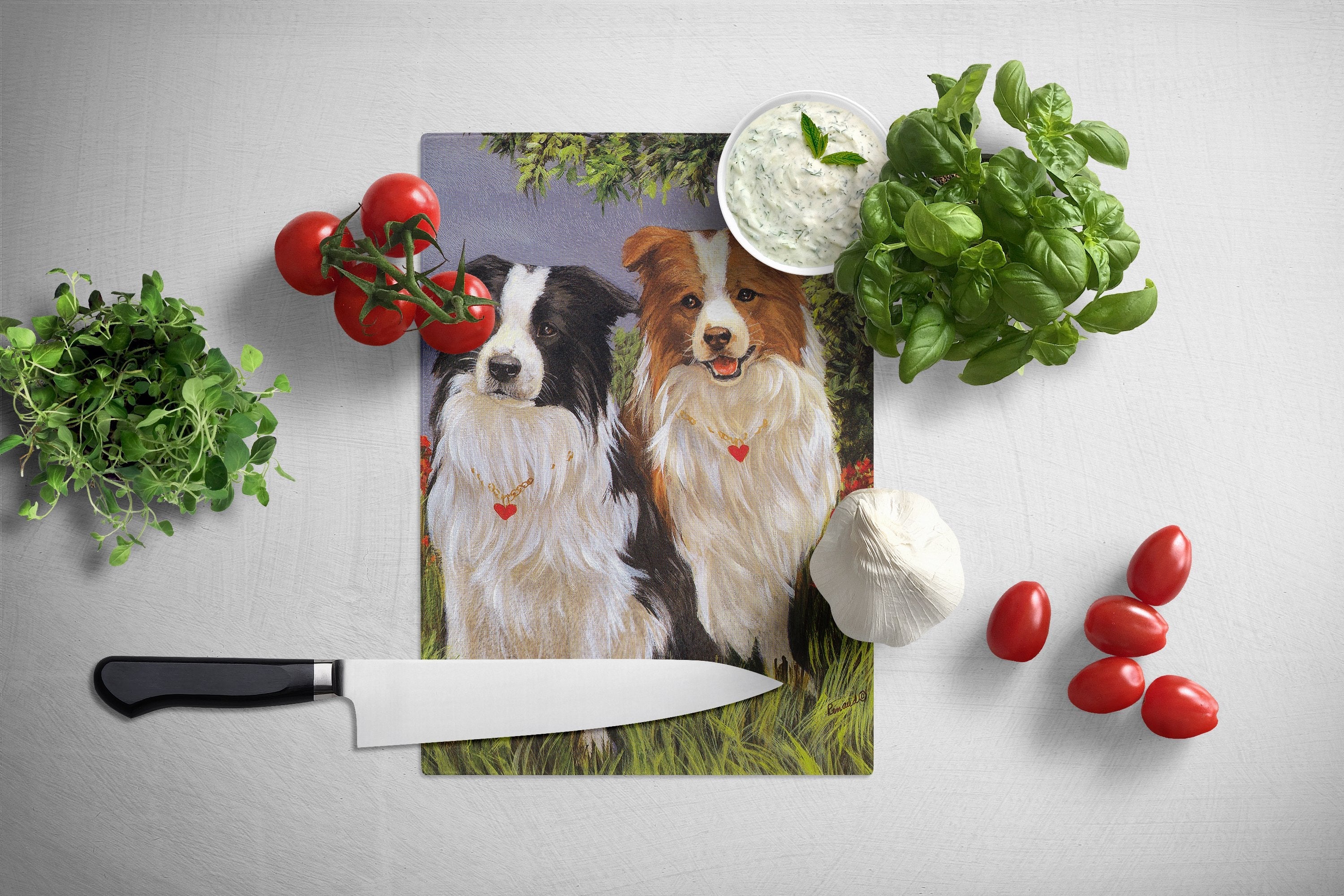 Border Collie Patrol Cutting Board Tempered Glass Kitchen Cutting Surface, Heat Resistant Chopping, Non-Slip Feet, Food Prep & Serving