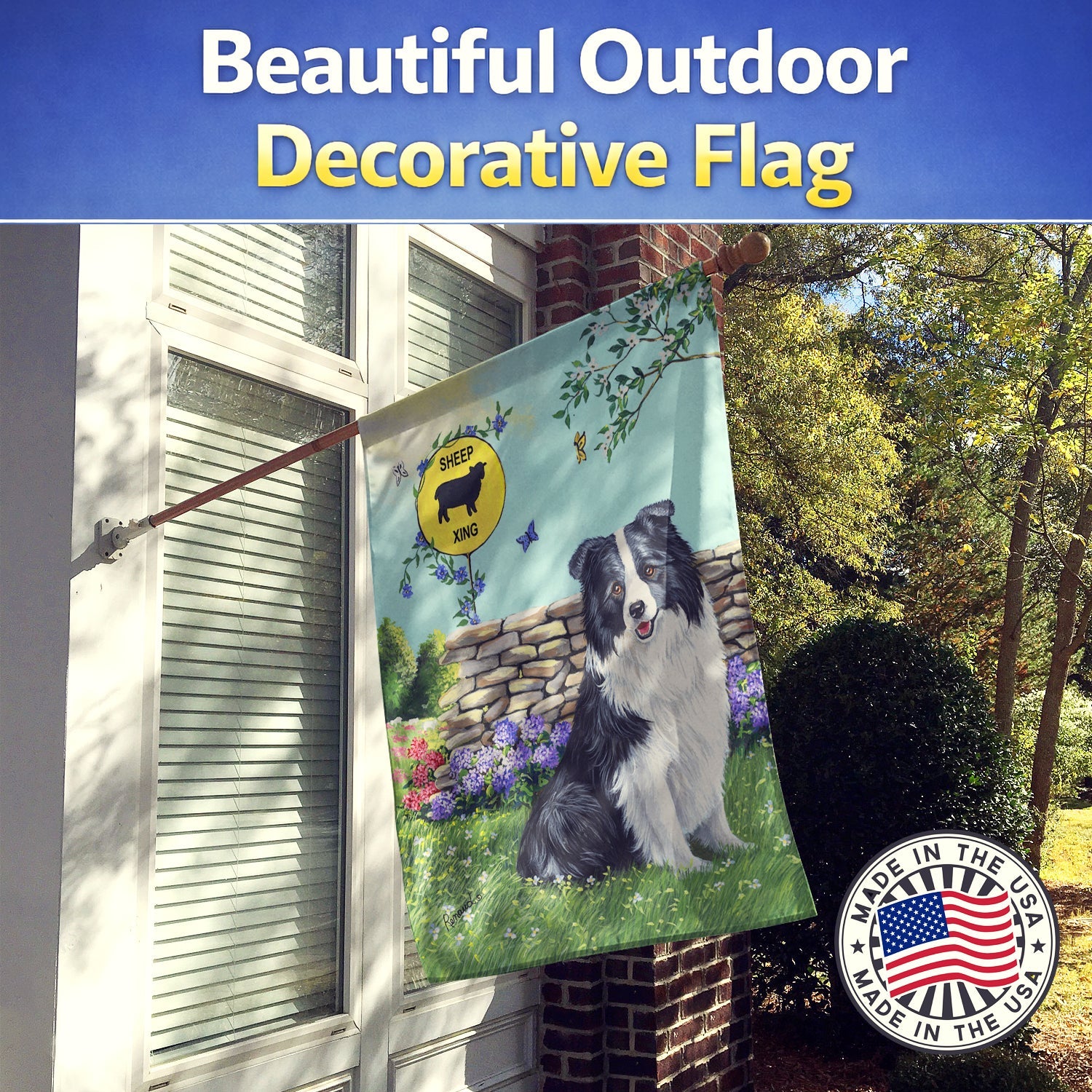 Border Collie Crossing House Flag 28x40 Porch Sleeve Pole Decorative Outside Yard Banner Artwork Wall Hanging, Polyester