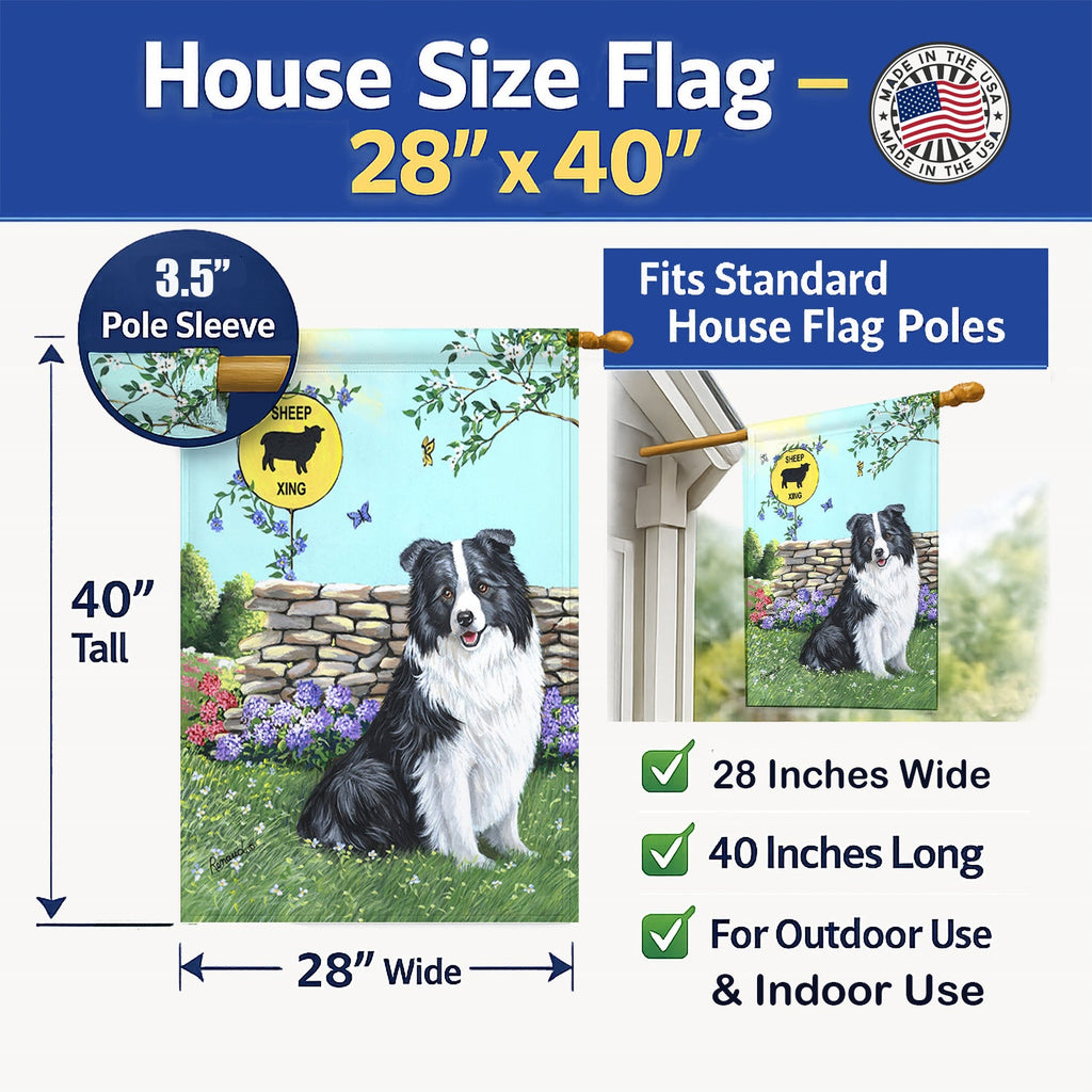 Border Collie Crossing House Flag 28x40 Porch Sleeve Pole Decorative Outside Yard Banner Artwork Wall Hanging, Polyester