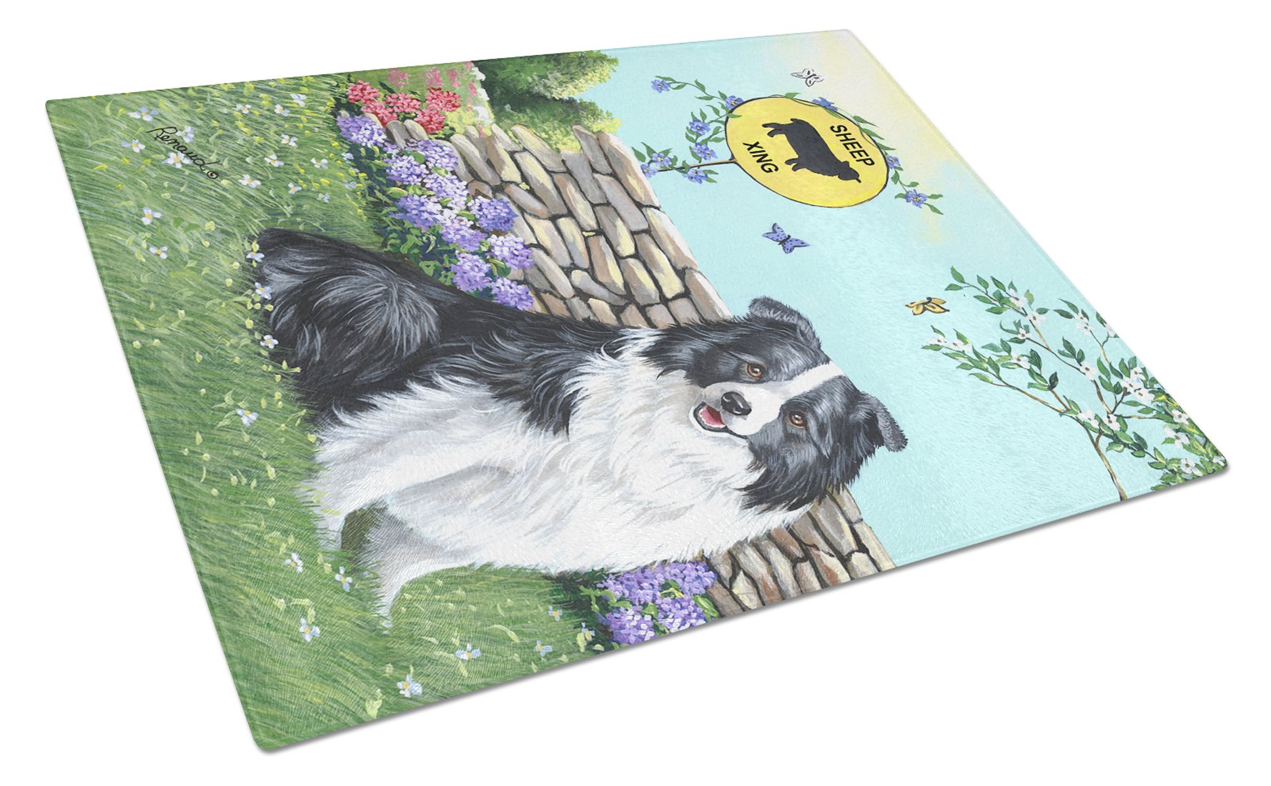 Border Collie Crossing Cutting Board Tempered Glass Kitchen Cutting Surface, Heat Resistant Chopping, Non-Slip Feet, Food Prep & Serving
