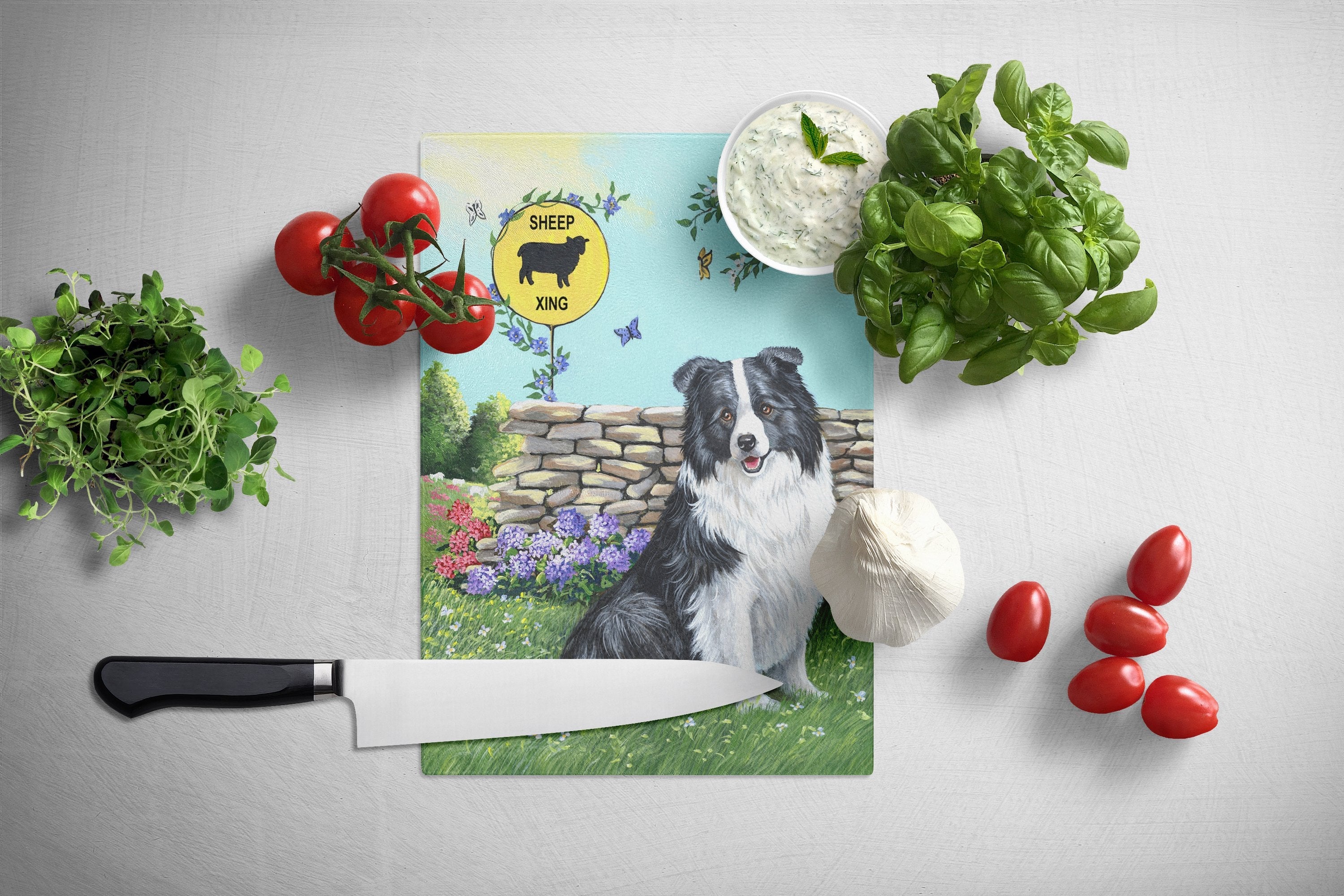 Border Collie Crossing Cutting Board Tempered Glass Kitchen Cutting Surface, Heat Resistant Chopping, Non-Slip Feet, Food Prep & Serving