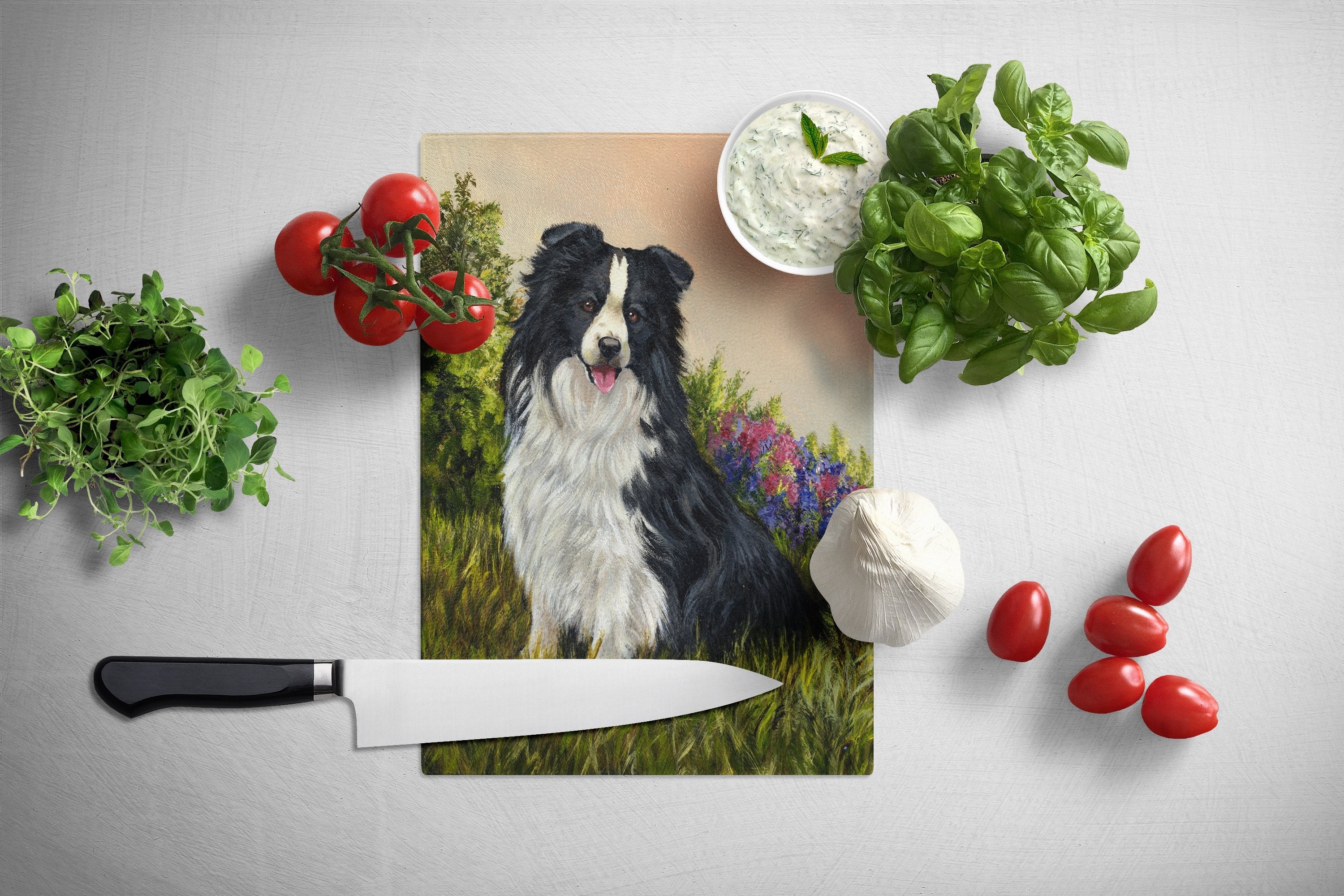 Border Collie Simplicity Cutting Board Tempered Glass Kitchen Cutting Surface, Heat Resistant Chopping, Non-Slip Feet, Food Prep & Serving