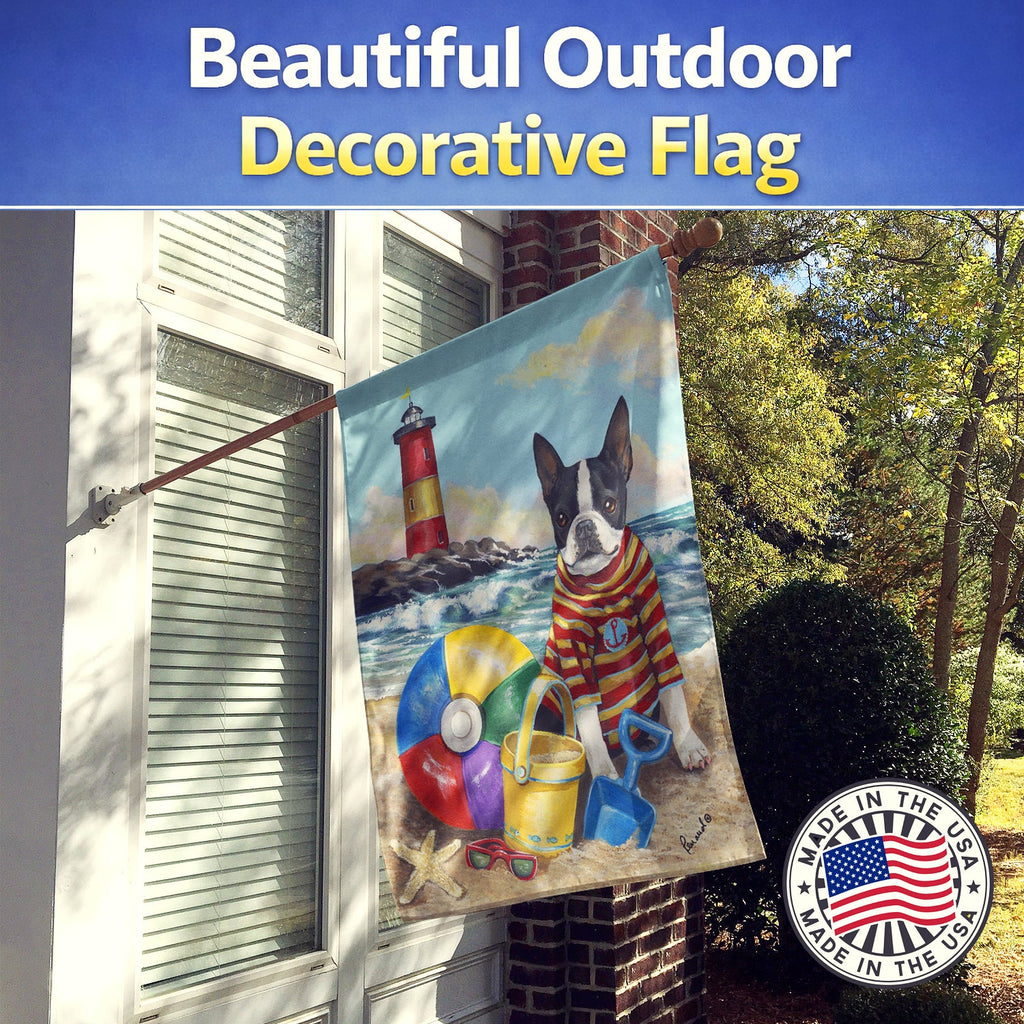 Boston Terrier Beach Baby House Flag 28x40 Porch Sleeve Pole Decorative Outside Yard Banner Artwork Wall Hanging, Polyester
