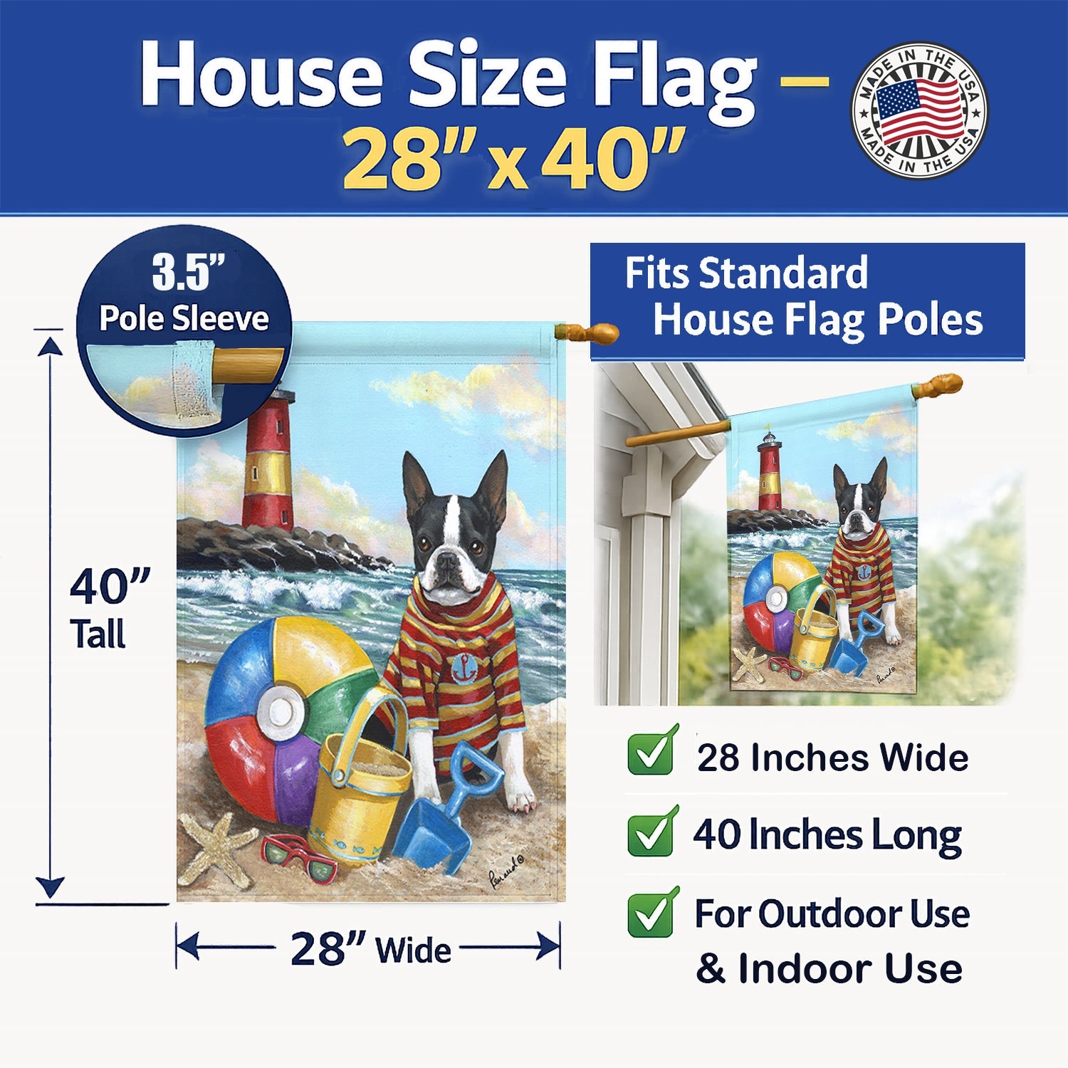 Boston Terrier Beach Baby House Flag 28x40 Porch Sleeve Pole Decorative Outside Yard Banner Artwork Wall Hanging, Polyester
