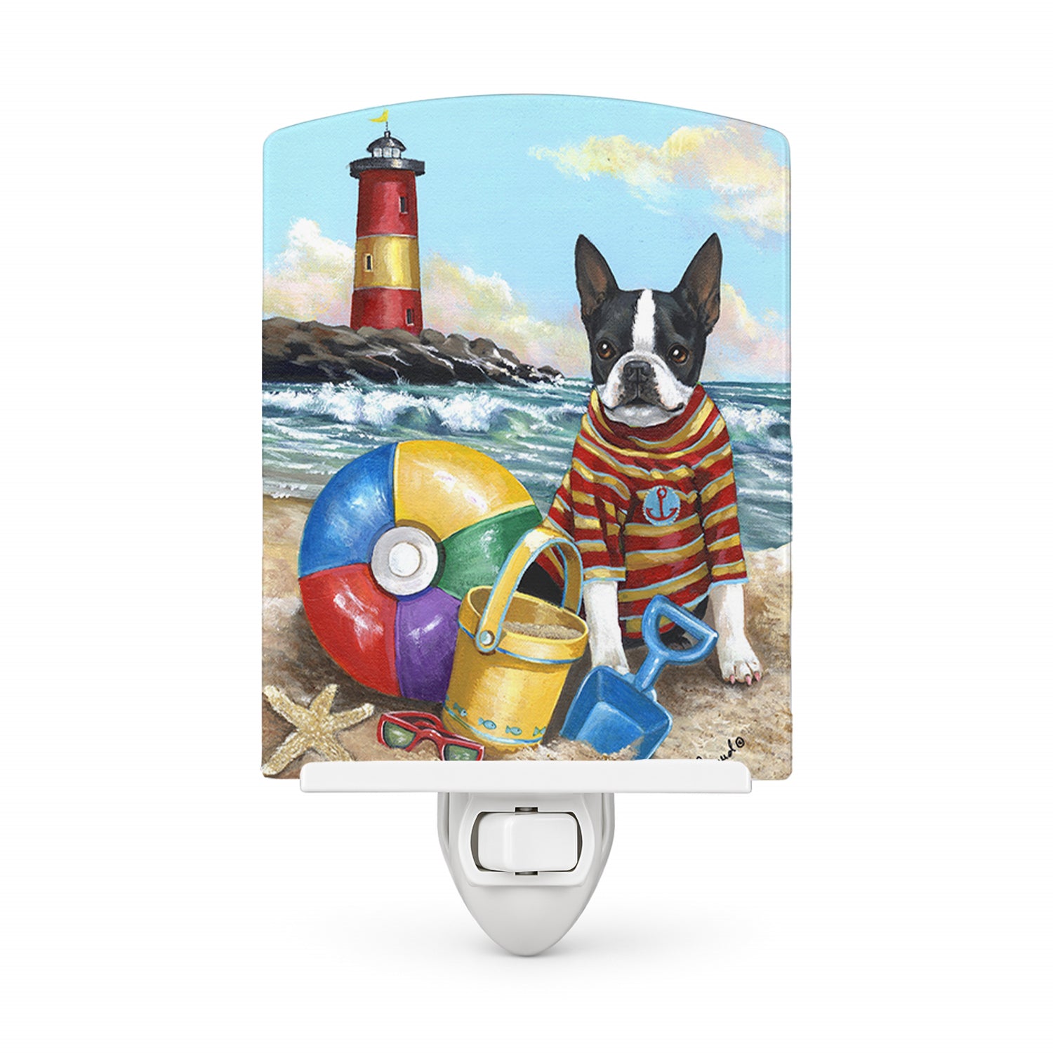 Boston Terrier Beach Baby Ceramic Night Light Compact, UL-Certified, Ideal for Bedroom, Bathroom, Nursery, Hallway, Kitchen, 6x4x3, Multicolor