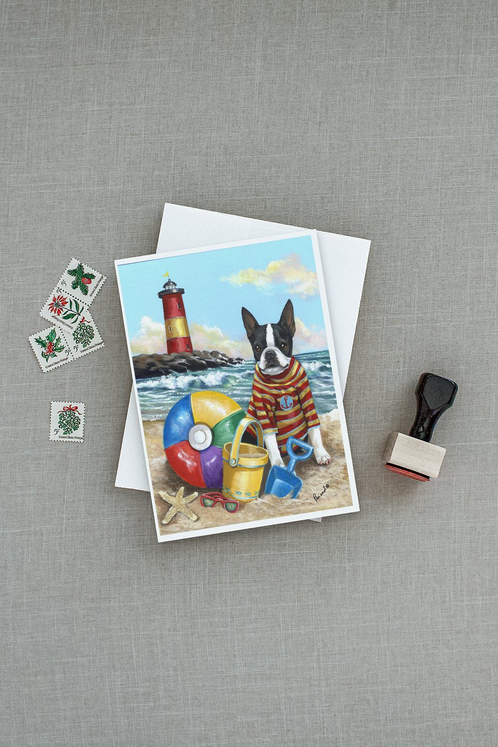 Boston Terrier Beach Baby Greeting Cards Pack of 8 Blank Cards with Envelopes Whimsical A7 Size 5x7