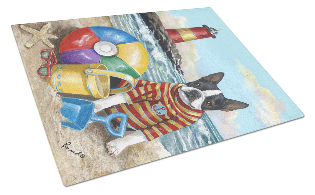 Boston Terrier Beach Baby Cutting Board Tempered Glass Kitchen Cutting Surface, Heat Resistant Chopping, Non-Slip Feet, Food Prep & Serving