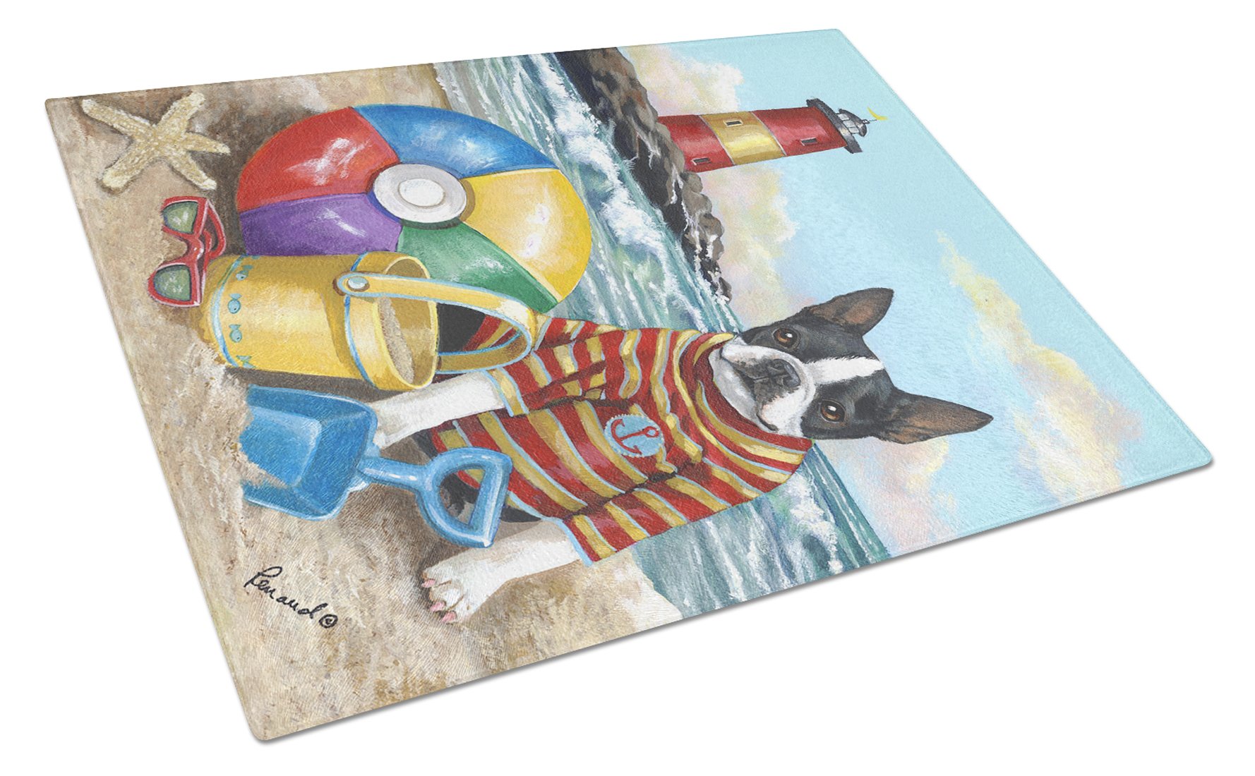 Boston Terrier Beach Baby Cutting Board Tempered Glass Kitchen Cutting Surface, Heat Resistant Chopping, Non-Slip Feet, Food Prep & Serving