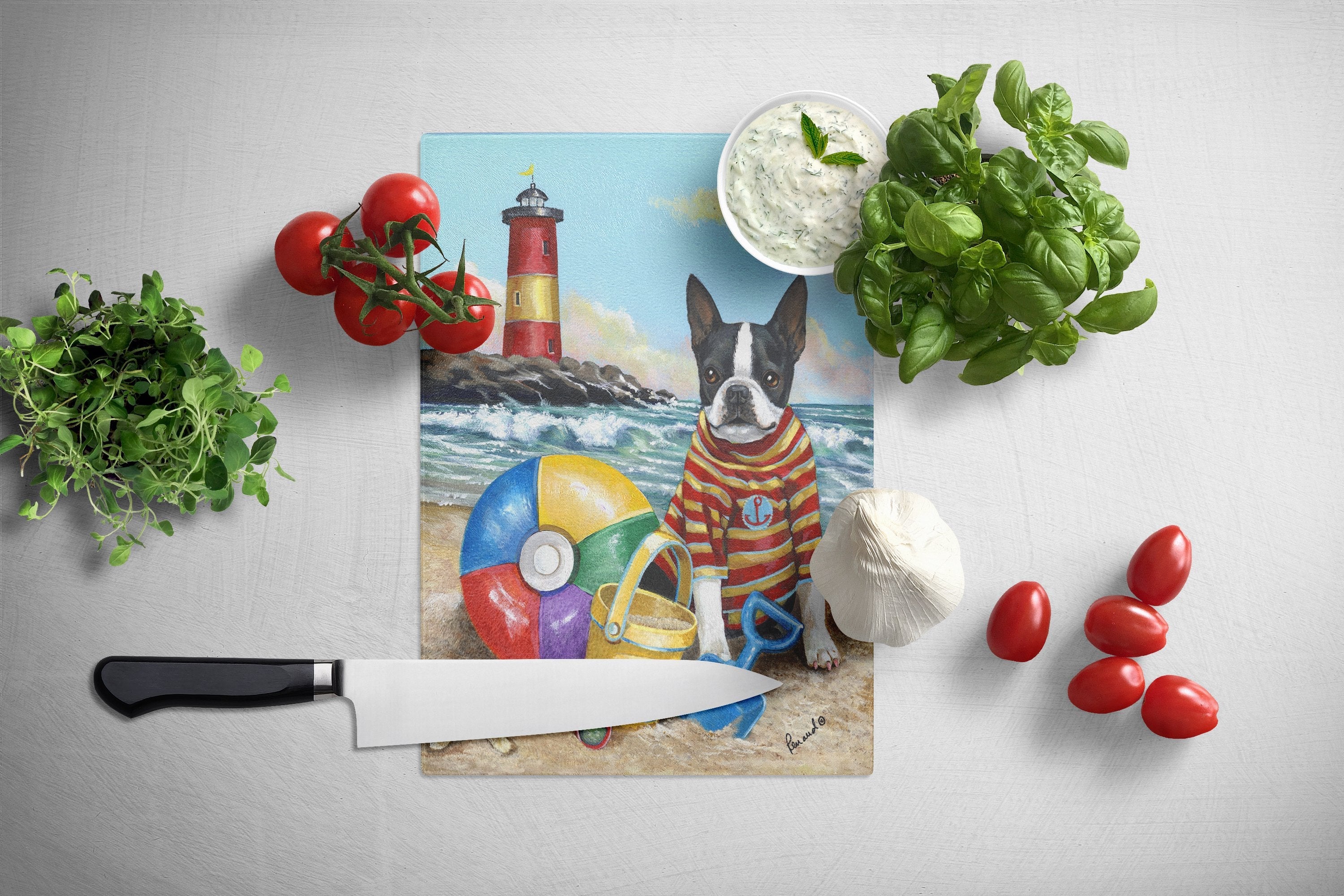Boston Terrier Beach Baby Cutting Board Tempered Glass Kitchen Cutting Surface, Heat Resistant Chopping, Non-Slip Feet, Food Prep & Serving