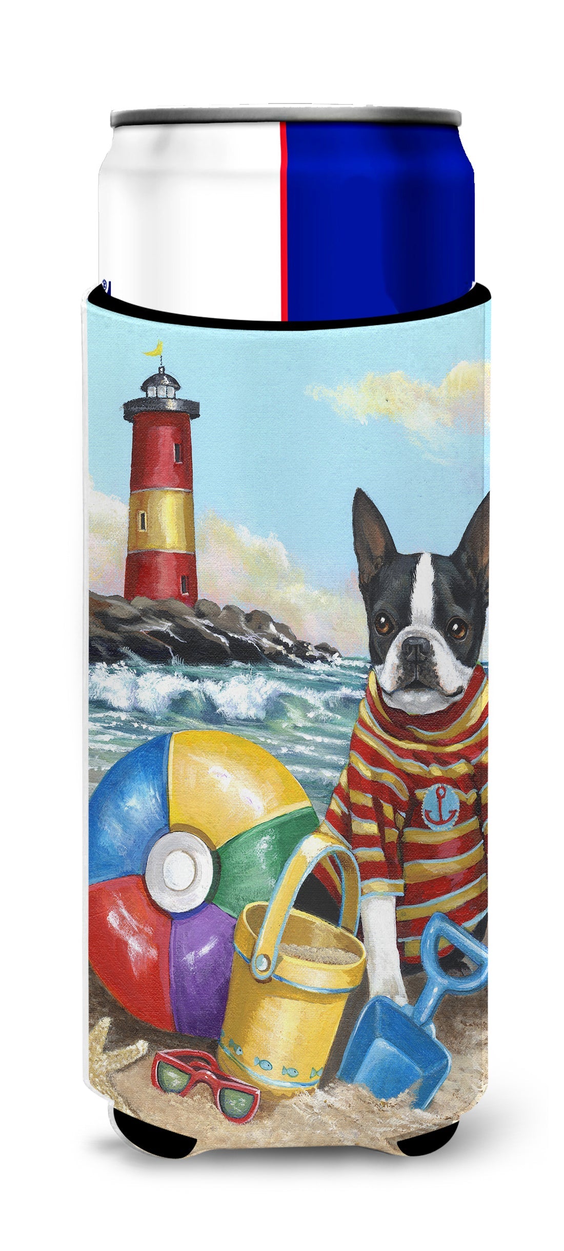 Boston Terrier Beach Baby Slim Can Hugger , Insulated Foam Hugger for 12 oz Slim Cans, Beer Bottles & Water Bottles, Printed in USA