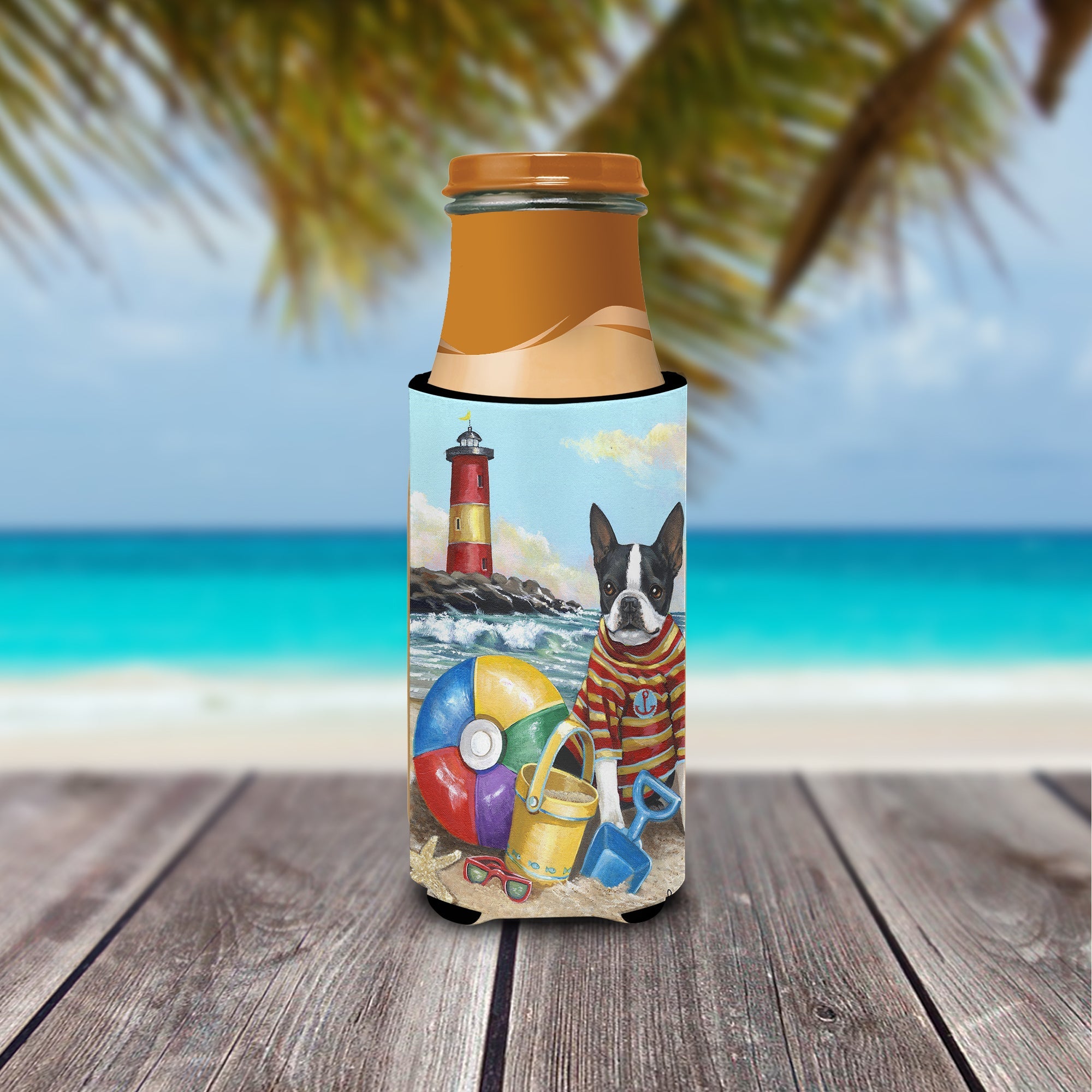 Boston Terrier Beach Baby Slim Can Hugger , Insulated Foam Hugger for 12 oz Slim Cans, Beer Bottles & Water Bottles, Printed in USA