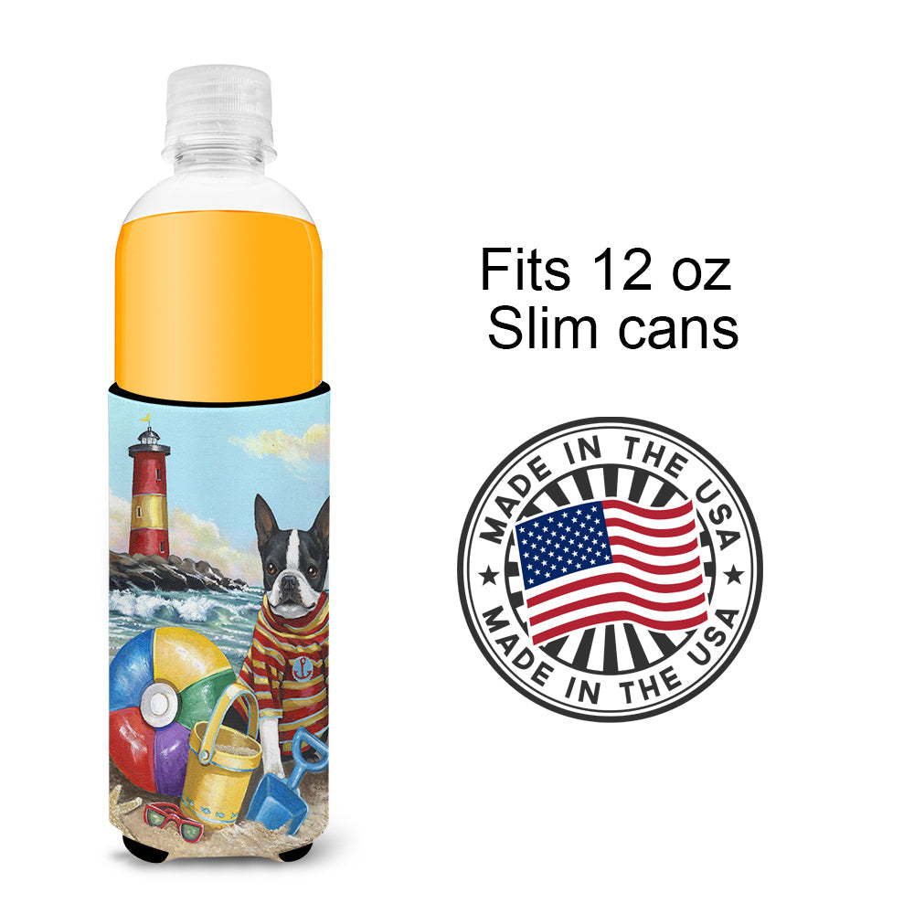 Boston Terrier Beach Baby Slim Can Hugger , Insulated Foam Hugger for 12 oz Slim Cans, Beer Bottles & Water Bottles, Printed in USA