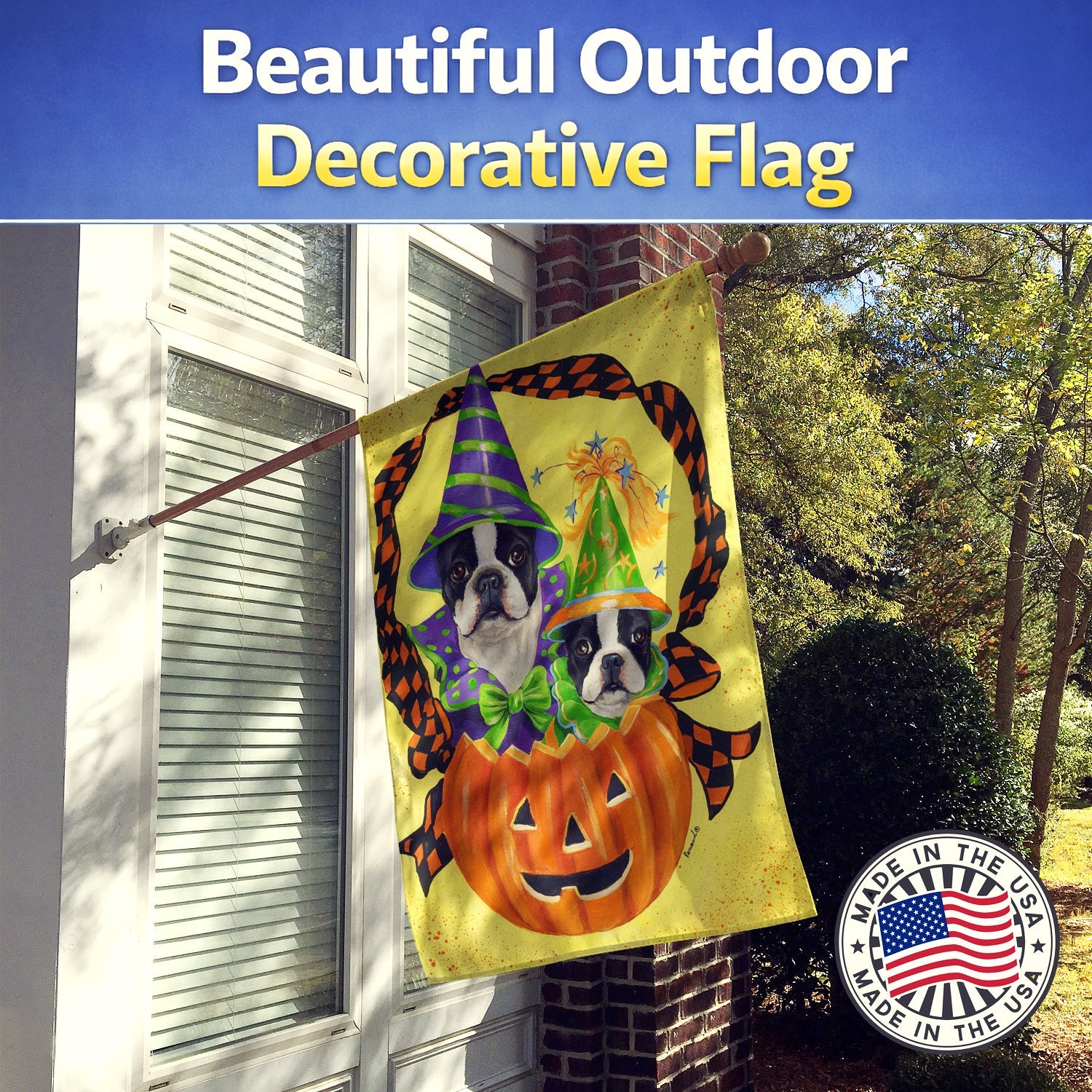 Boston Terrier Halloweenies House Flag 28x40 Porch Sleeve Pole Decorative Outside Yard Banner Artwork Wall Hanging, Polyester