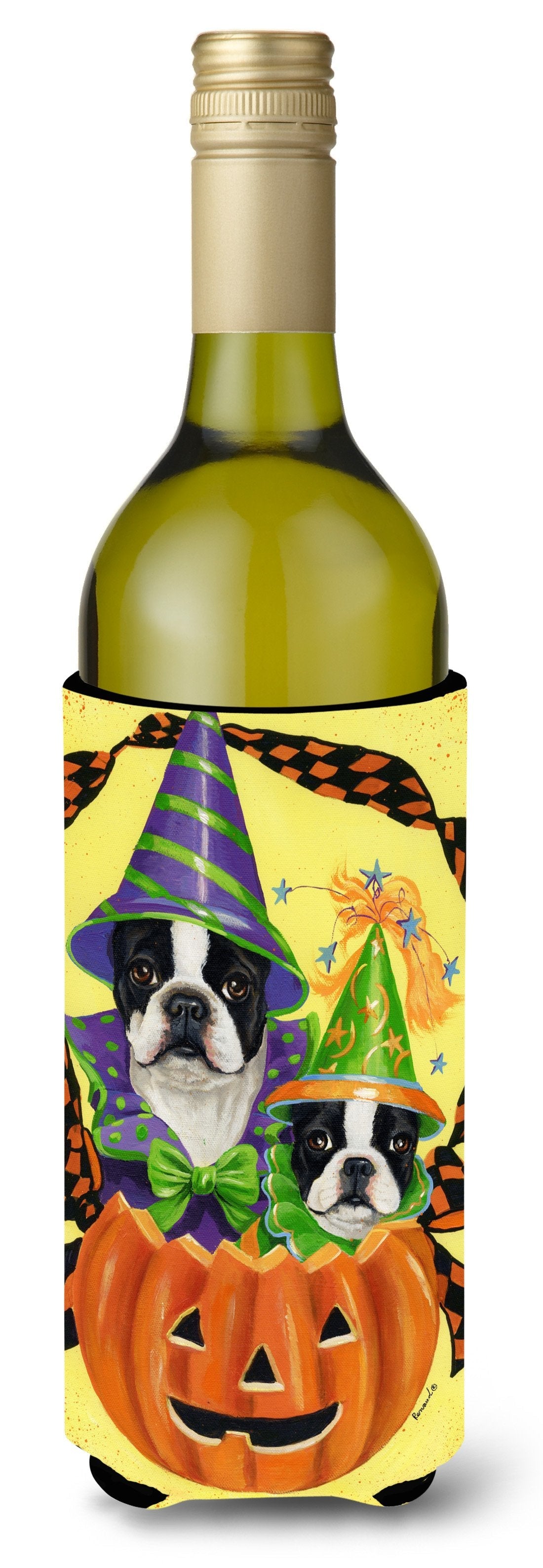 Boston Terrier Halloweenies Wine Bottle Hugger Gift Sleeve for Standard 750 ml Bottles, Insulated Reusable Also Fits Mini Shot & Pint Bottles