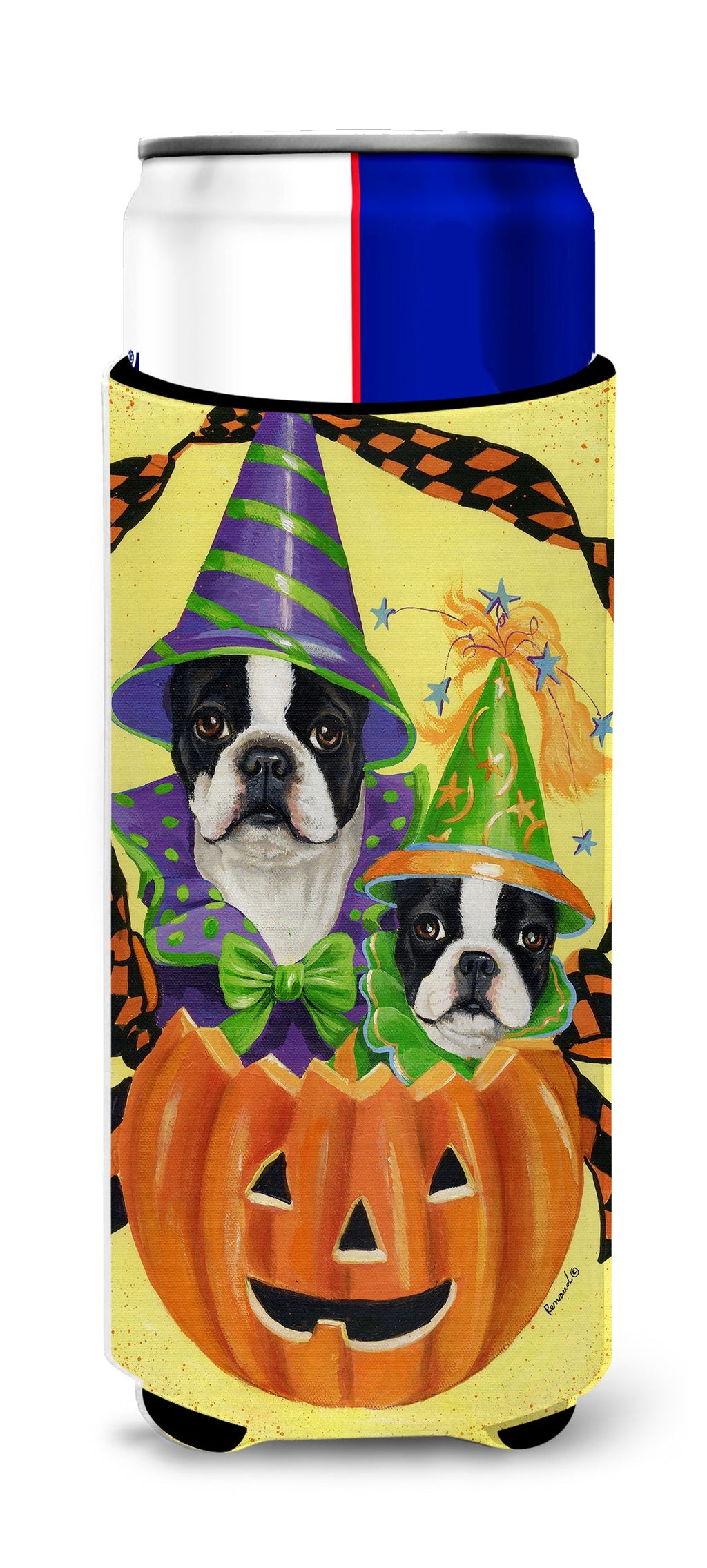 Boston Terrier Halloweenies Slim Can Hugger , Insulated Foam Hugger for 12 oz Slim Cans, Beer Bottles & Water Bottles, Printed in USA