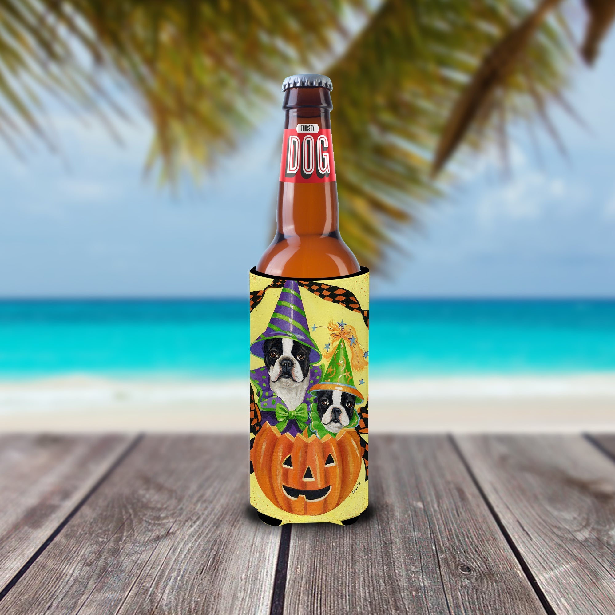 Boston Terrier Halloweenies Slim Can Hugger , Insulated Foam Hugger for 12 oz Slim Cans, Beer Bottles & Water Bottles, Printed in USA