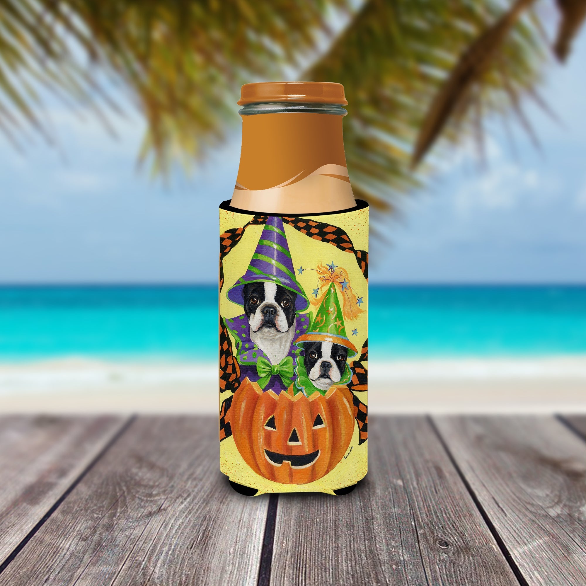 Boston Terrier Halloweenies Slim Can Hugger , Insulated Foam Hugger for 12 oz Slim Cans, Beer Bottles & Water Bottles, Printed in USA