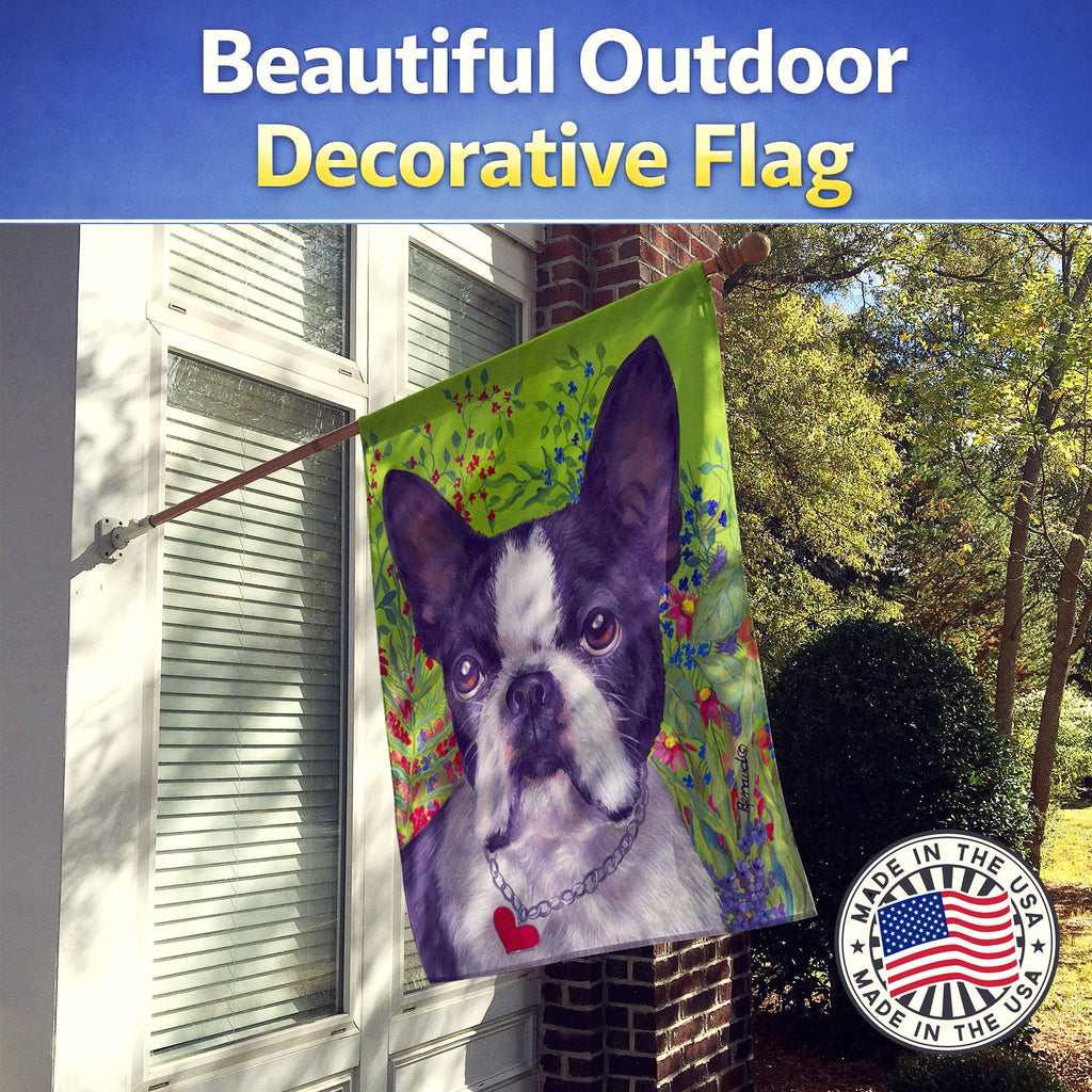 Boston Terrier Jungle House Flag 28x40 Porch Sleeve Pole Decorative Outside Yard Banner Artwork Wall Hanging, Polyester