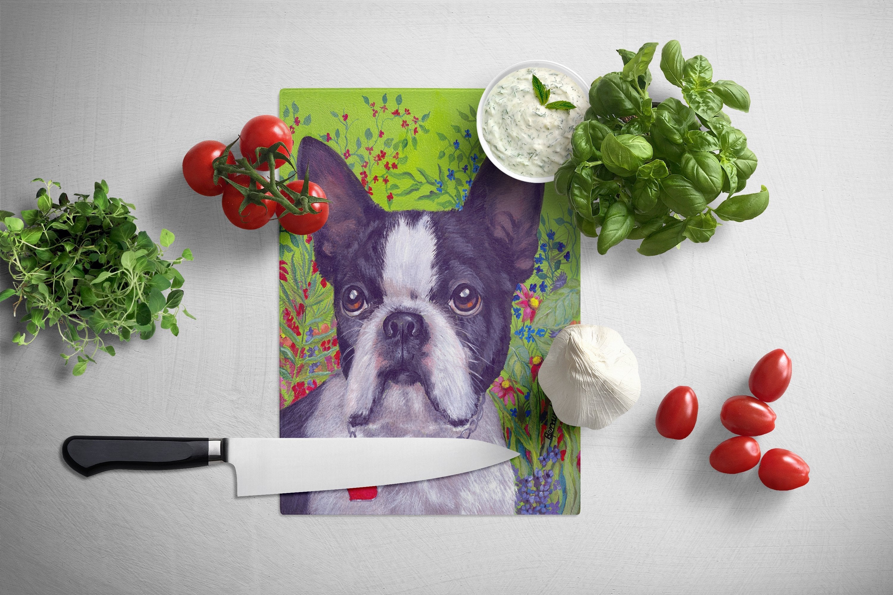 Boston Terrier Jungle Cutting Board Tempered Glass Kitchen Cutting Surface, Heat Resistant Chopping, Non-Slip Feet, Food Prep & Serving