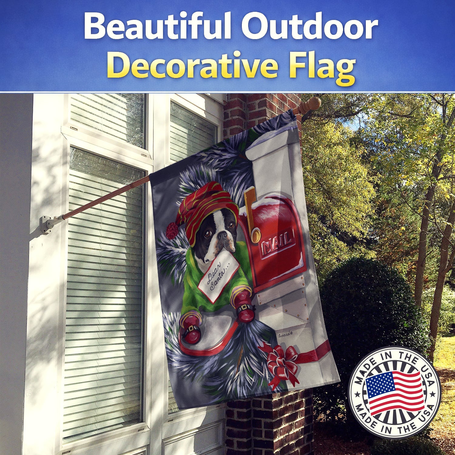 Boston Terrier Letter to Santa Christmas House Flag 28x40 Porch Sleeve Pole Decorative Outside Yard Banner Artwork Wall Hanging, Polyester