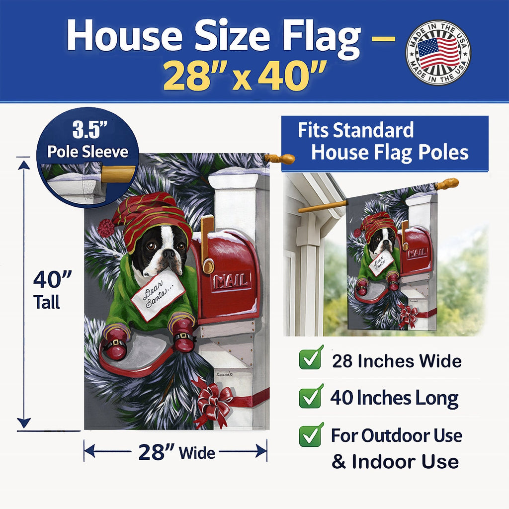 Boston Terrier Letter to Santa Christmas House Flag 28x40 Porch Sleeve Pole Decorative Outside Yard Banner Artwork Wall Hanging, Polyester