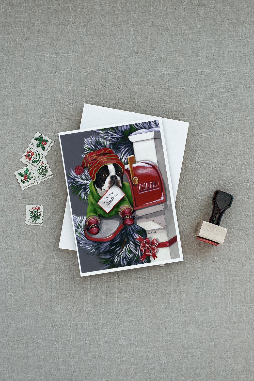 Boston Terrier Letter to Santa Christmas Greeting Cards Pack of 8 Blank Cards with Envelopes Whimsical A7 Size 5x7