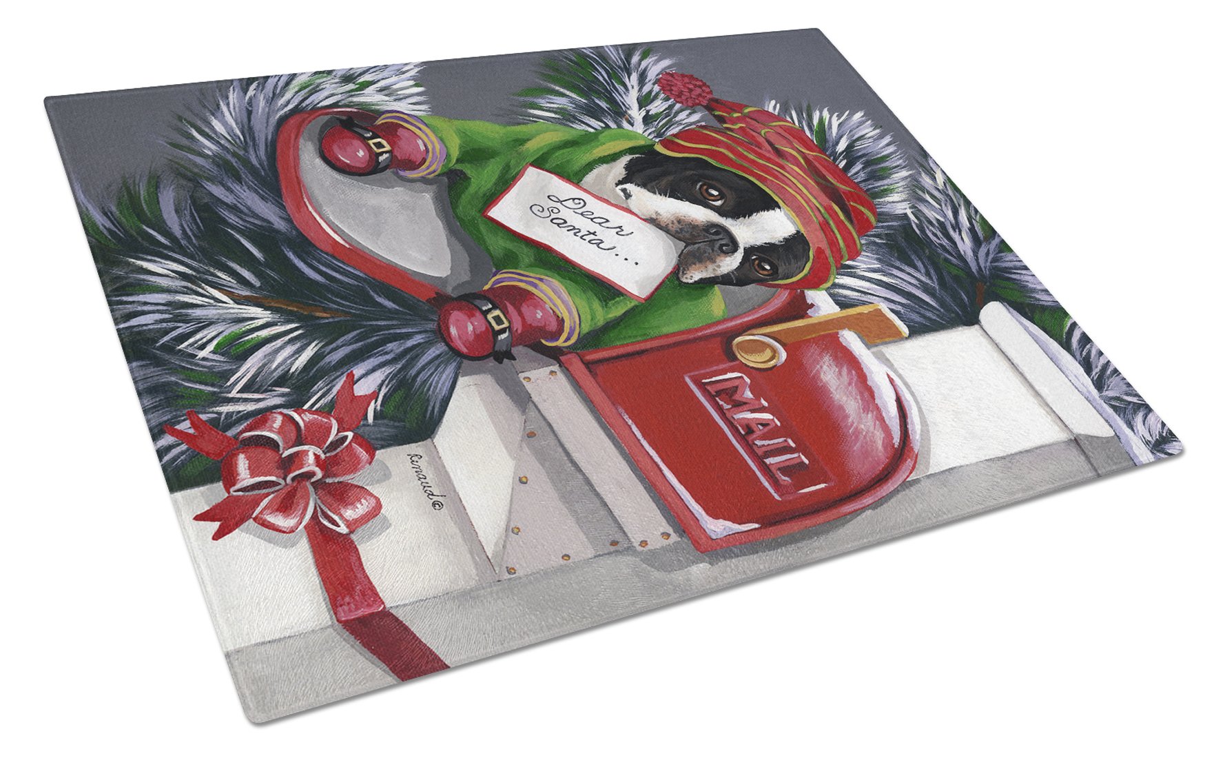 Boston Terrier Letter to Santa Christmas Cutting Board Tempered Glass Kitchen Cutting Surface, Heat Resistant Chopping, Non-Slip Feet, Food Prep & Serving