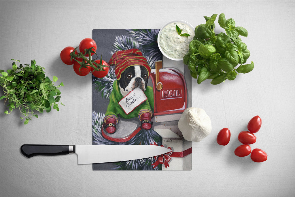 Boston Terrier Letter to Santa Christmas Cutting Board Tempered Glass Kitchen Cutting Surface, Heat Resistant Chopping, Non-Slip Feet, Food Prep & Serving